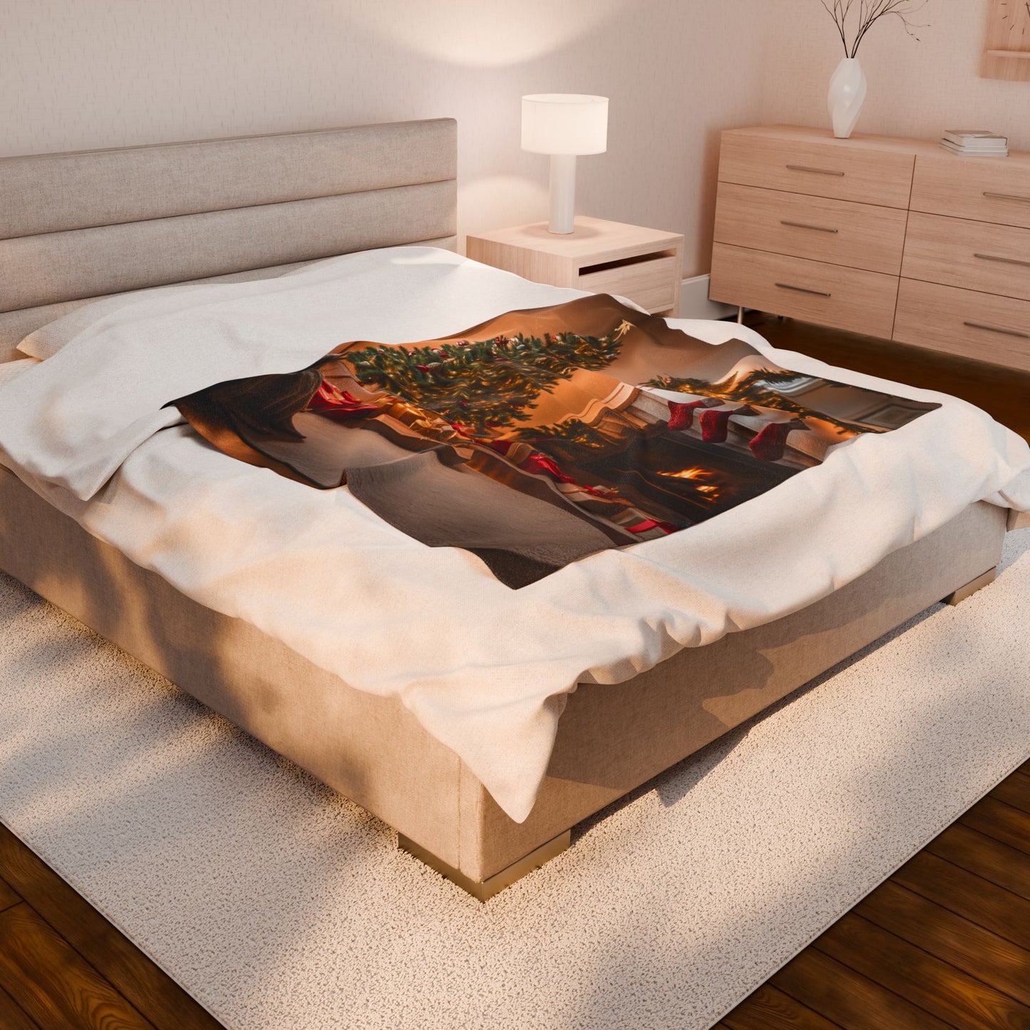 Velveteen Christmas Fireplace & Tree Blanket – Cozy Holiday Fleece Throw with Gifts & Lights