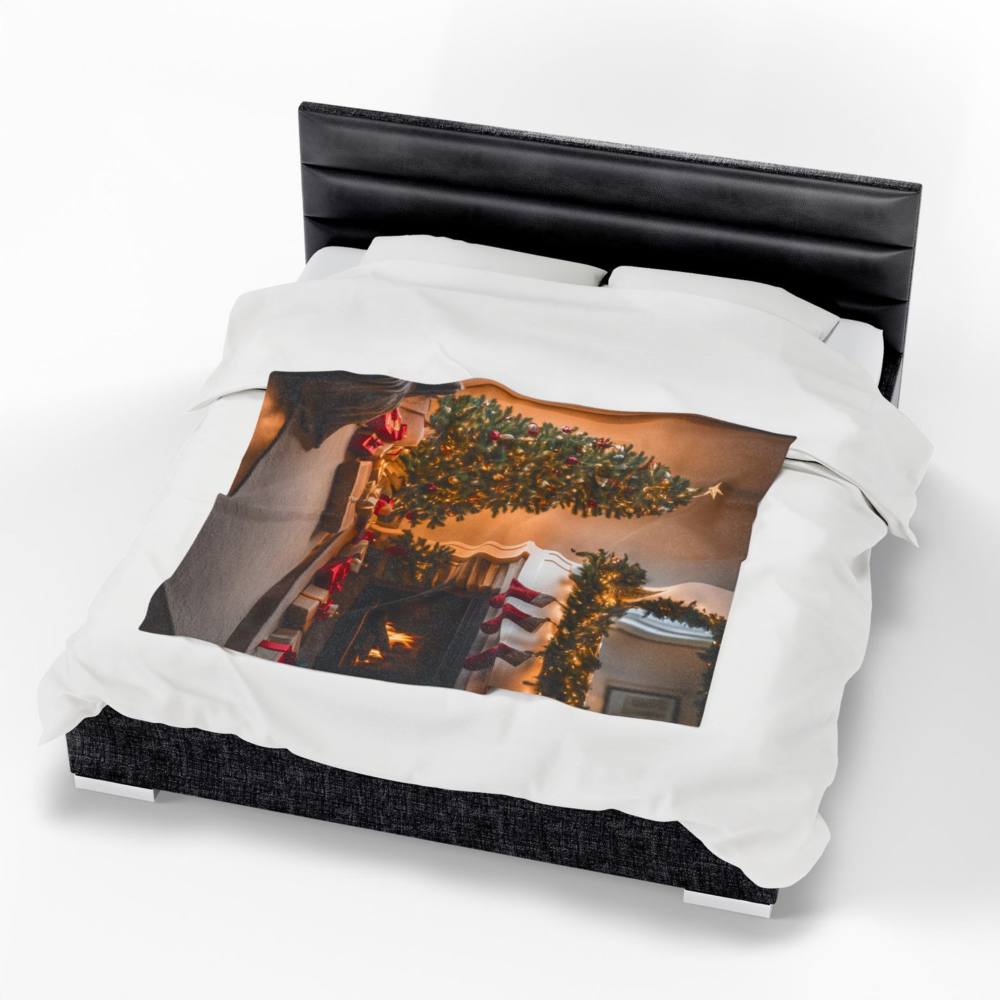Velveteen Christmas Fireplace & Tree Blanket – Cozy Holiday Fleece Throw with Gifts & Lights