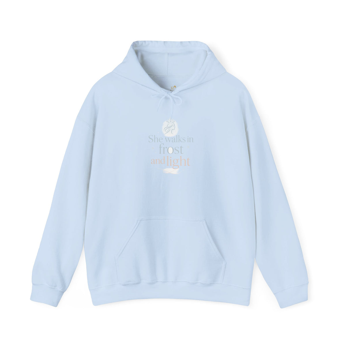 light blue hoodie with She Walks in Frost and Light moon design on the front