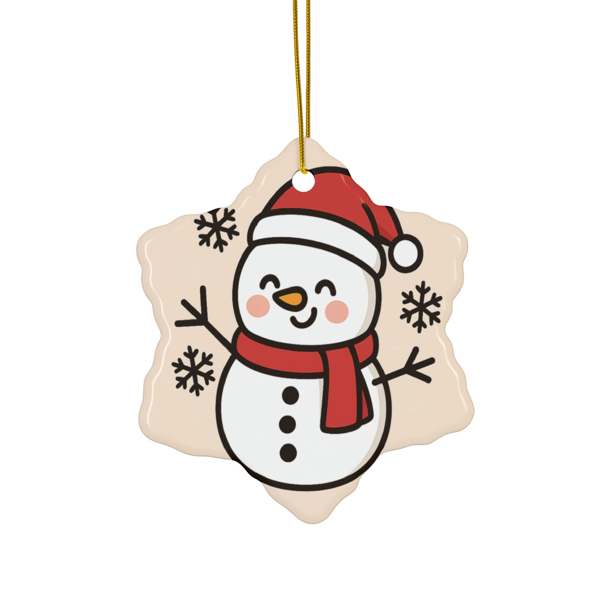 Snowflake-shaped ceramic Christmas ornament with smiling snowman, red hat and scarf