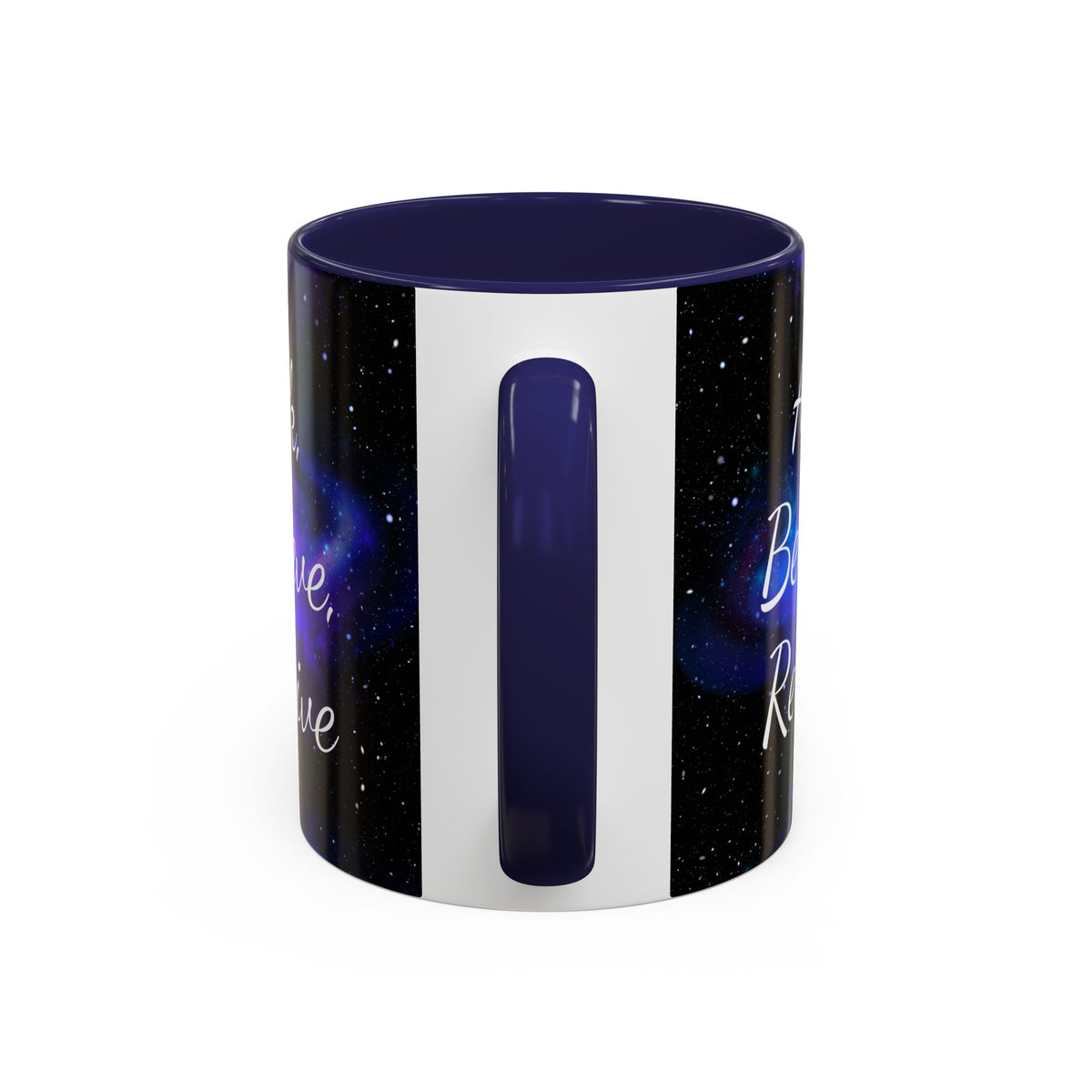 Ask Believe Receive two-tone manifestation mug with galaxy design by Druvs
