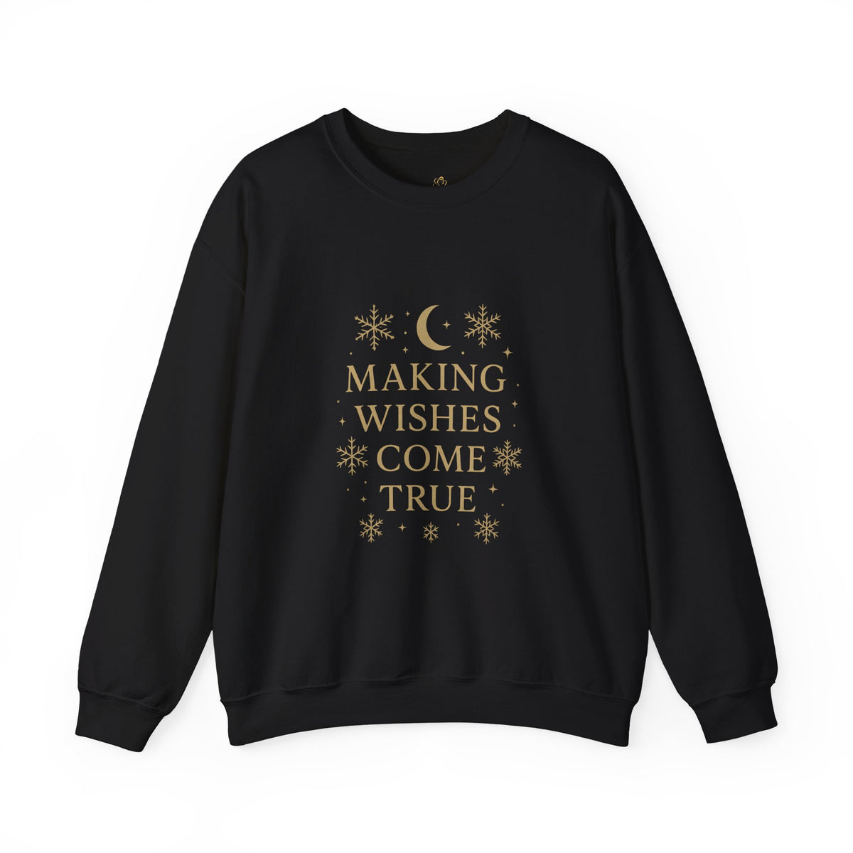 black crewneck sweatshirt with Making Wishes Come True moon and snowflake design
