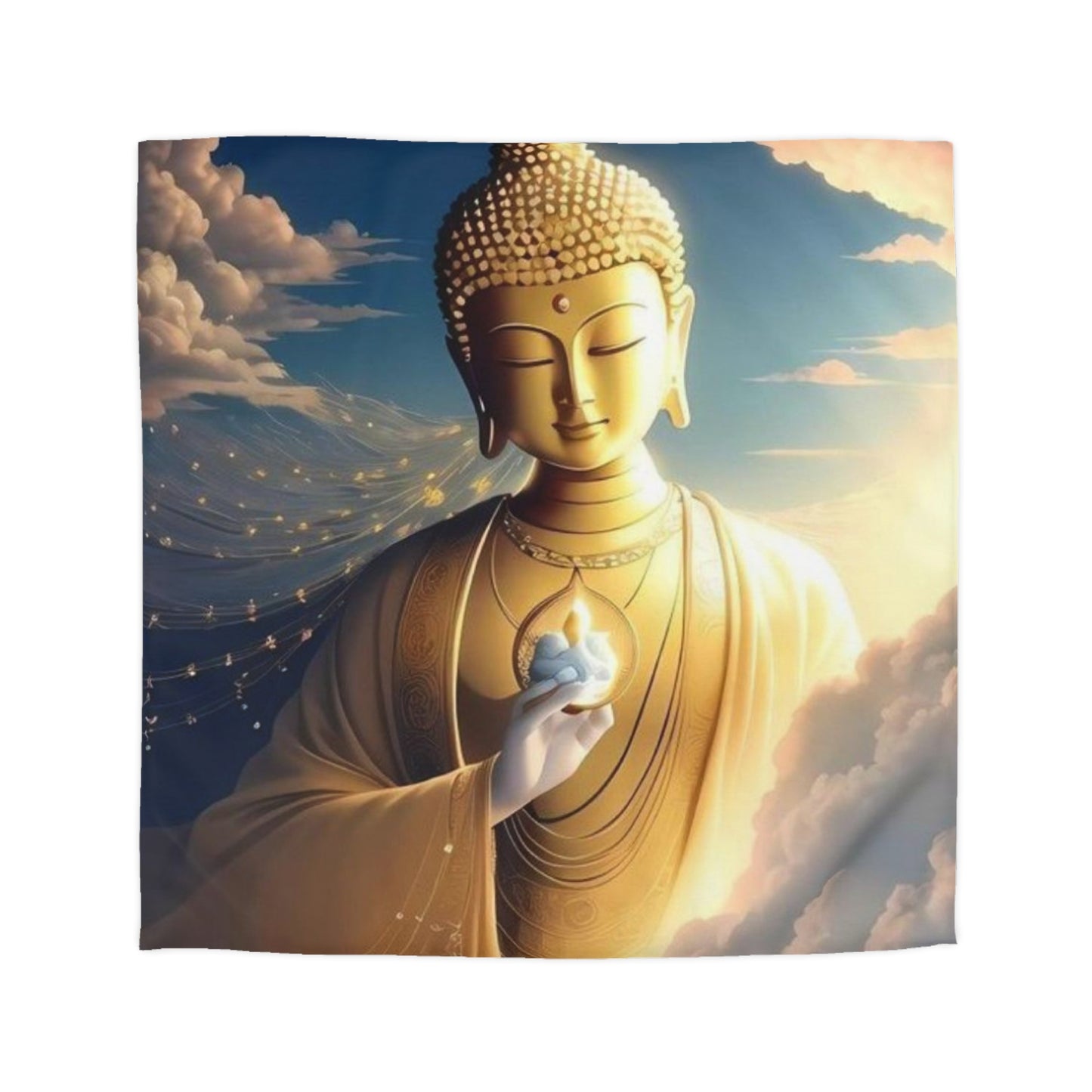 Golden Buddha in the Clouds Duvet Cover – Divine Serenity Bedding by Druvs (All Sizes, Ships Worldwide)