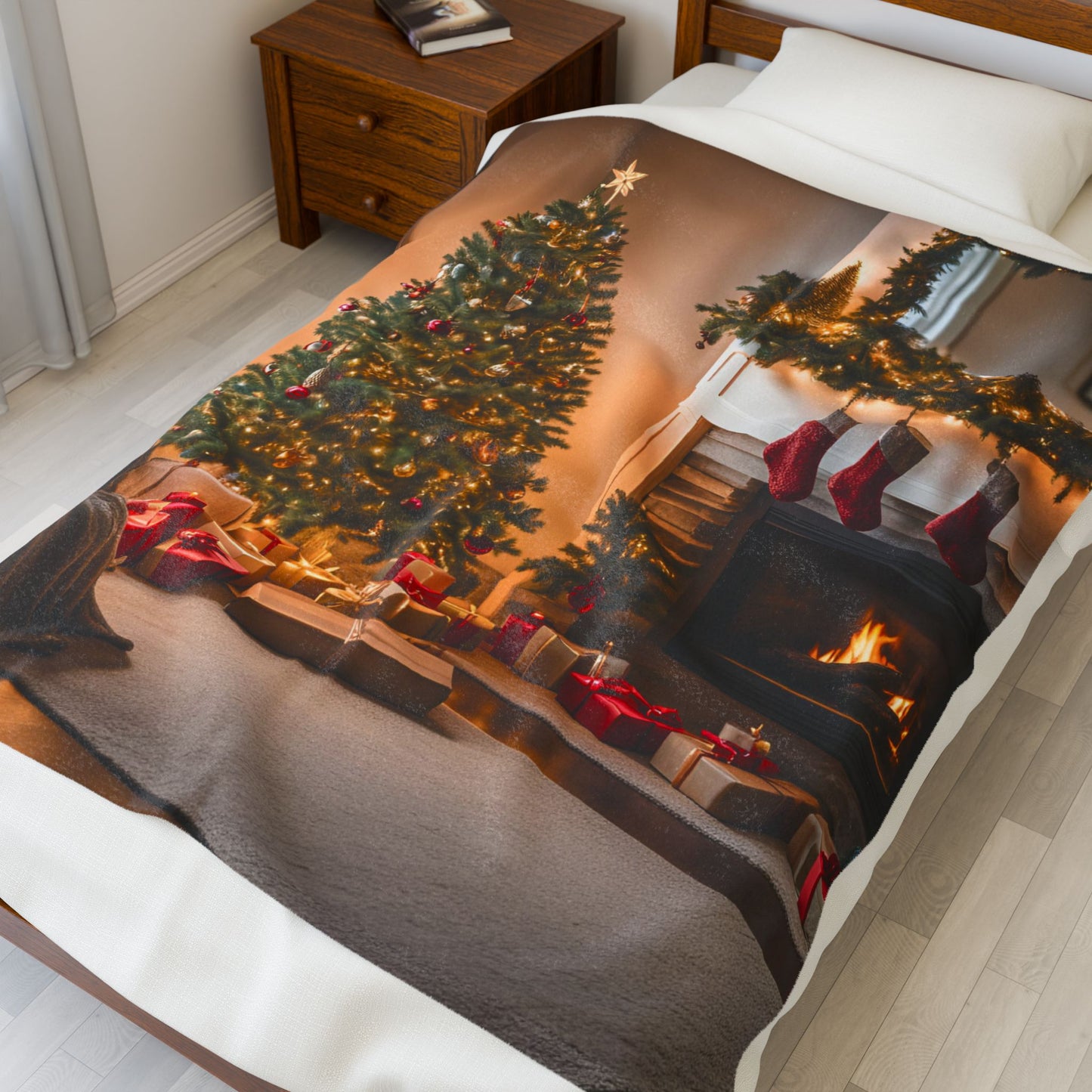 Velveteen Christmas Fireplace & Tree Blanket – Cozy Holiday Fleece Throw with Gifts & Lights