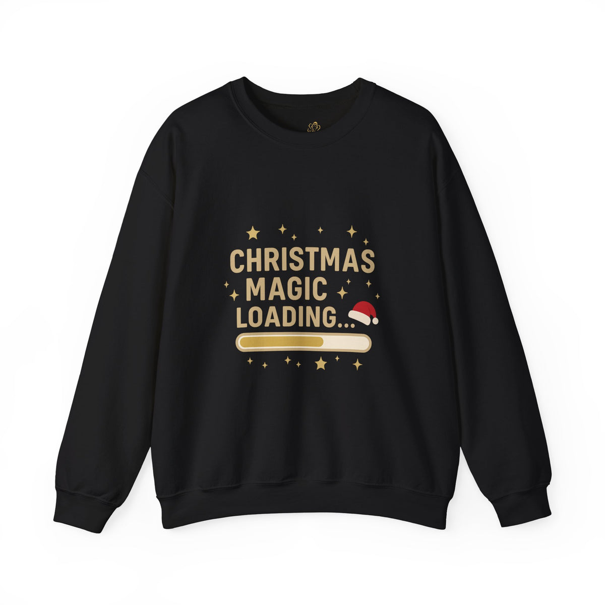 black crewneck sweatshirt with Christmas Magic Loading Santa hat design
