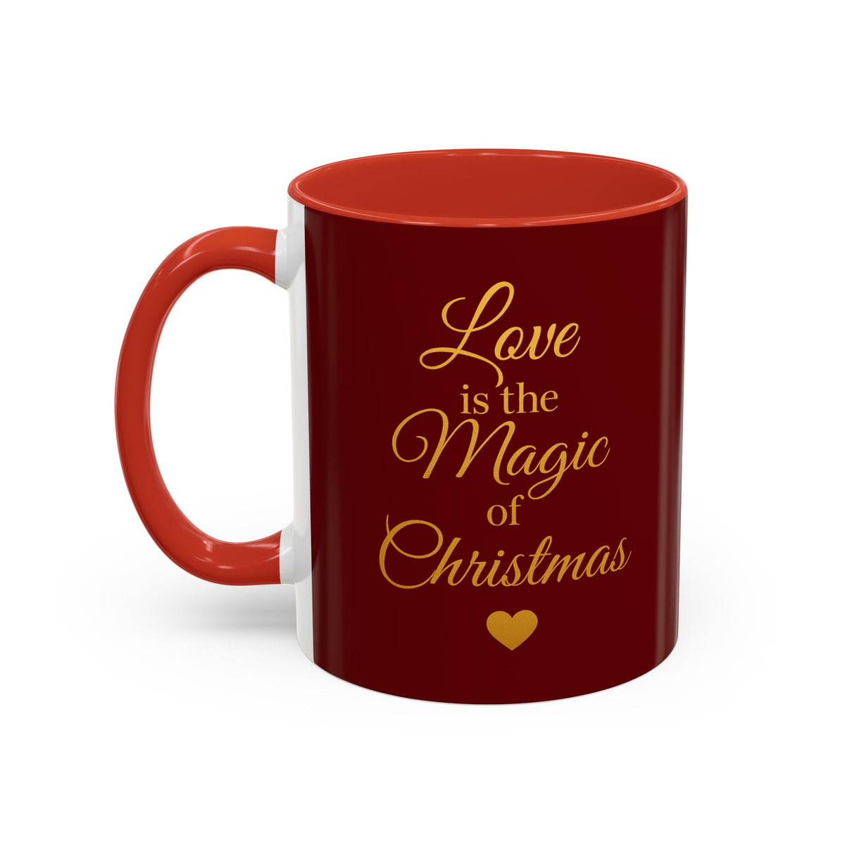 Love Is the Magic of Christmas mug viewed with the red handle on the left