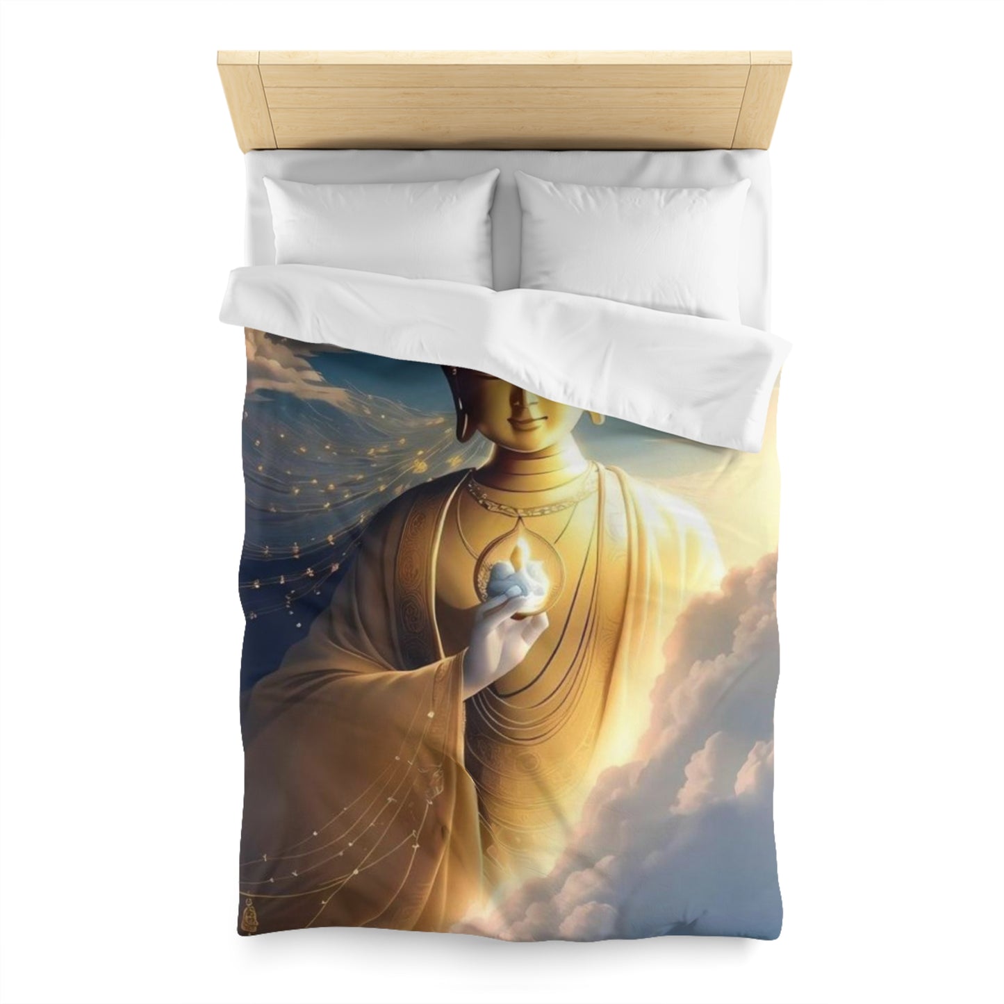 Golden Buddha in the Clouds Duvet Cover – Divine Serenity Bedding by Druvs (All Sizes, Ships Worldwide)