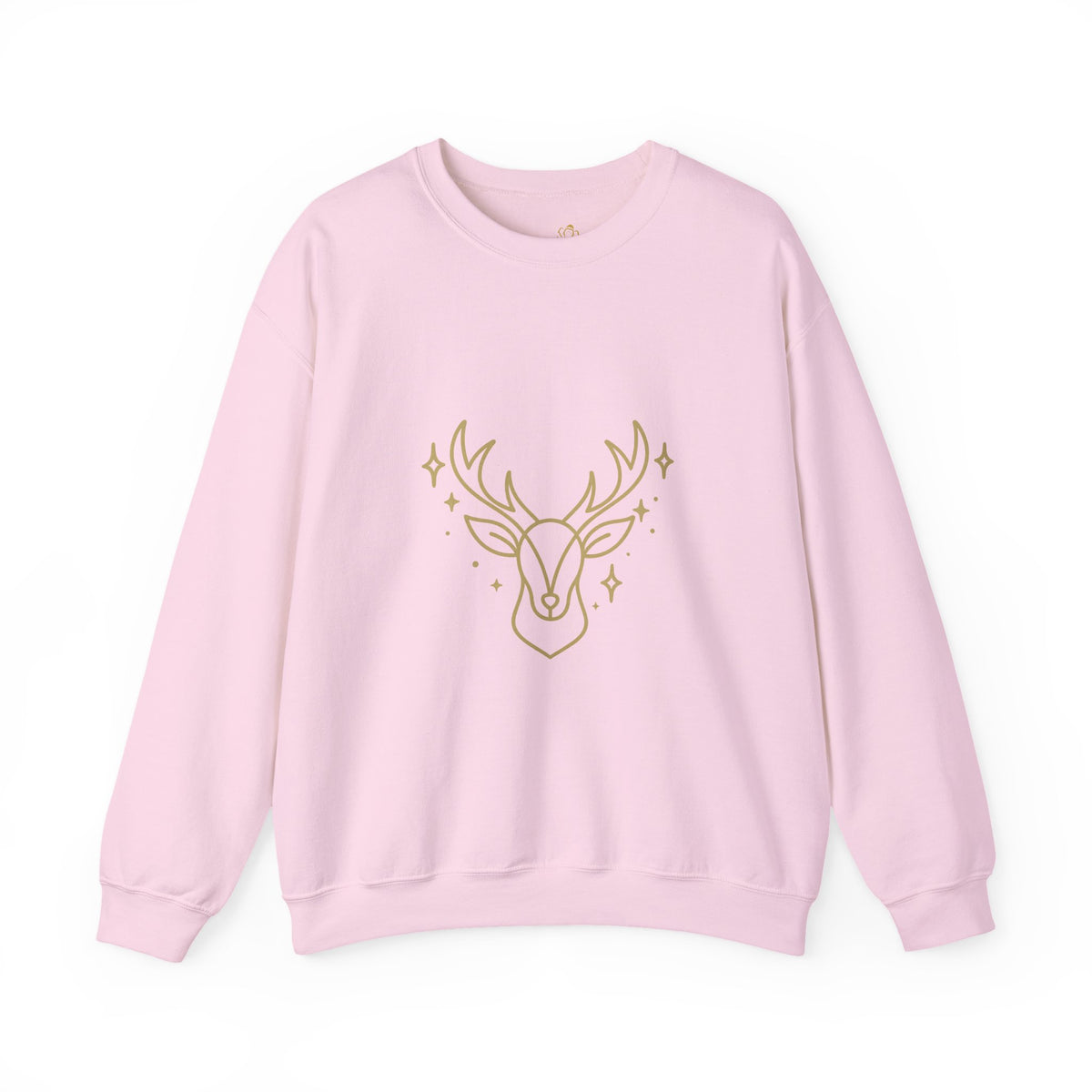 light pink crewneck sweatshirt with minimalist gold-colored reindeer design