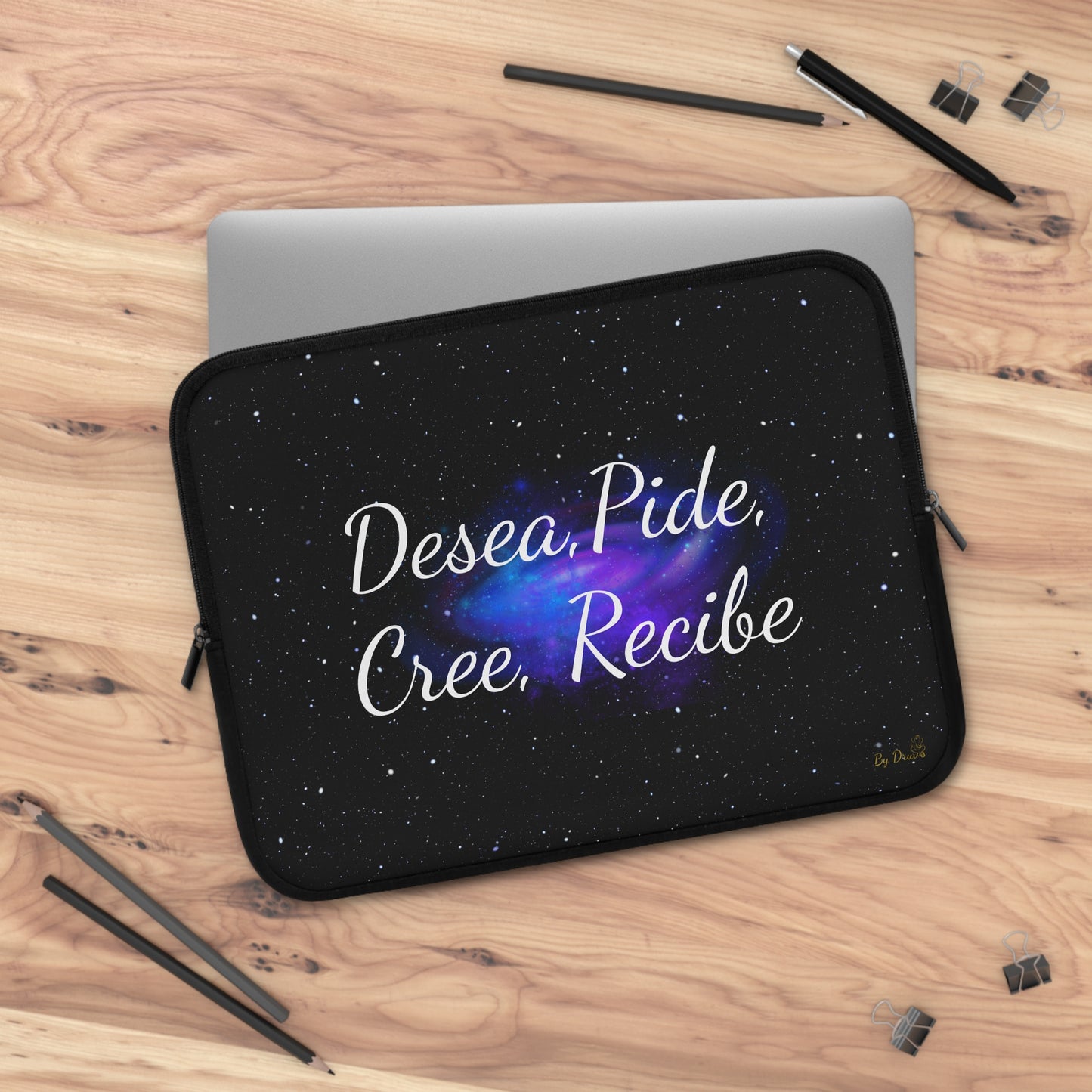 “Desea, Pide, Cree, Recibe” Laptop Sleeve – Galaxy Manifestation Case by Druvs (Multiple Sizes)