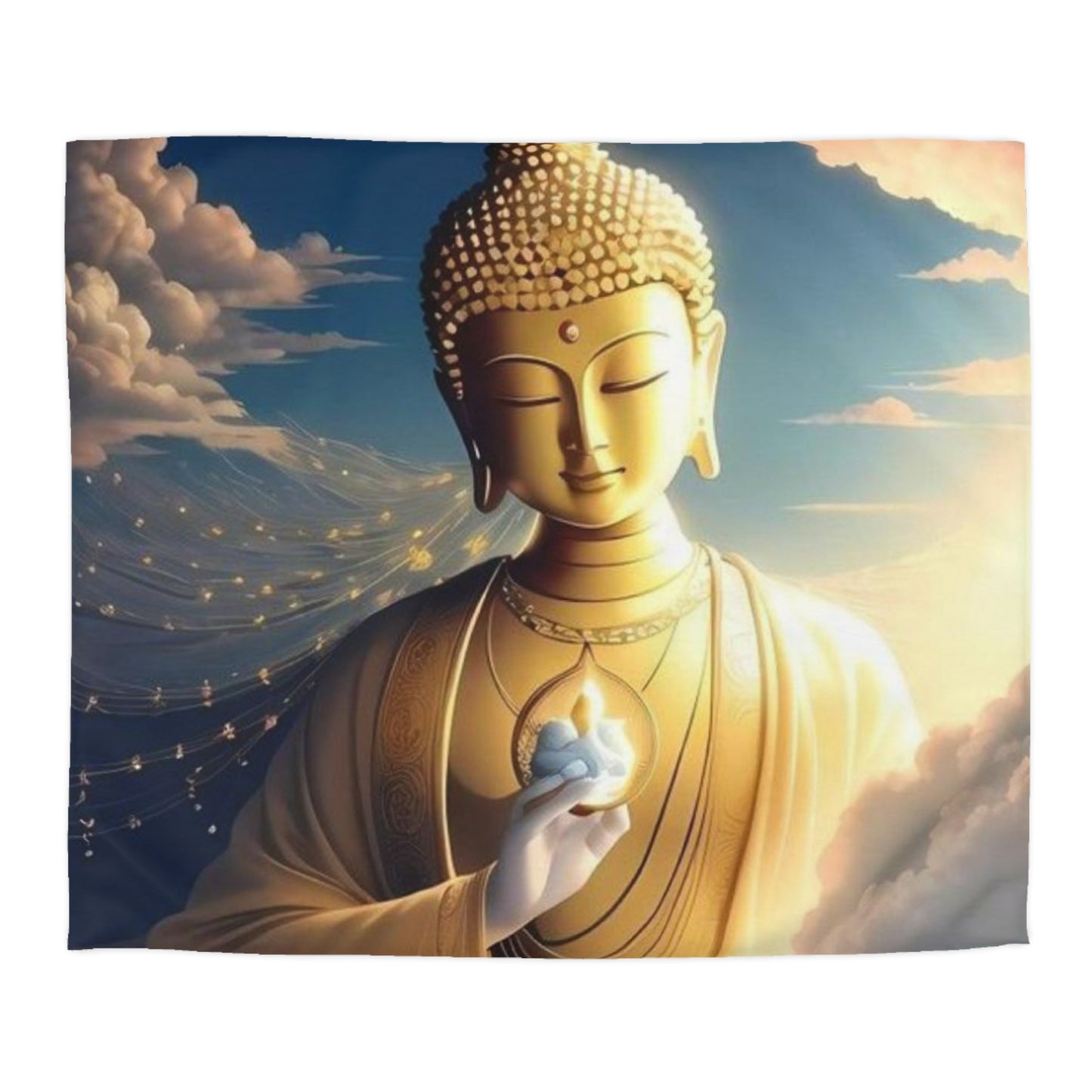 Golden Buddha in the Clouds Duvet Cover – Divine Serenity Bedding by Druvs (All Sizes, Ships Worldwide)