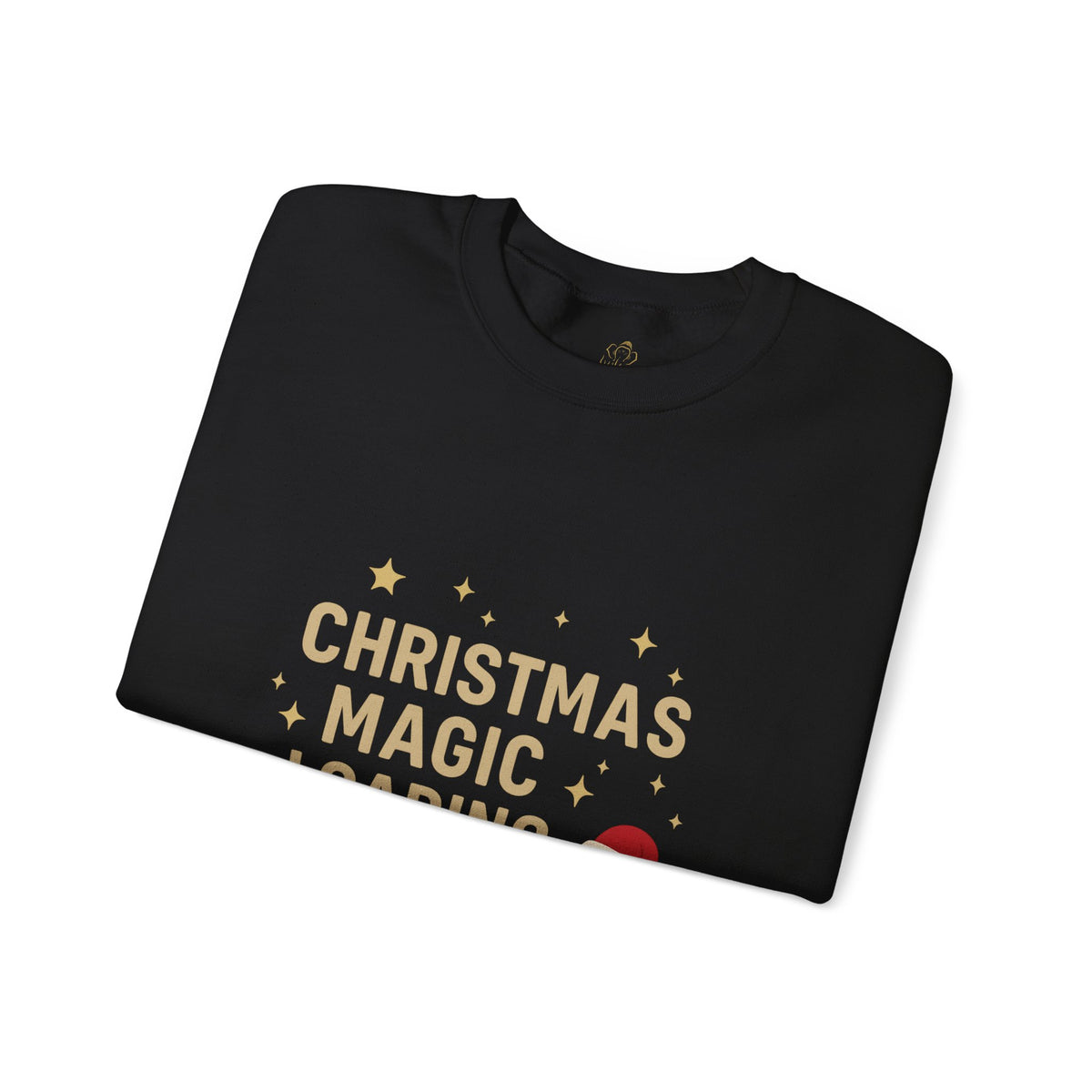 Folded black sweatshirt showing Christmas Magic Loading Santa hat print