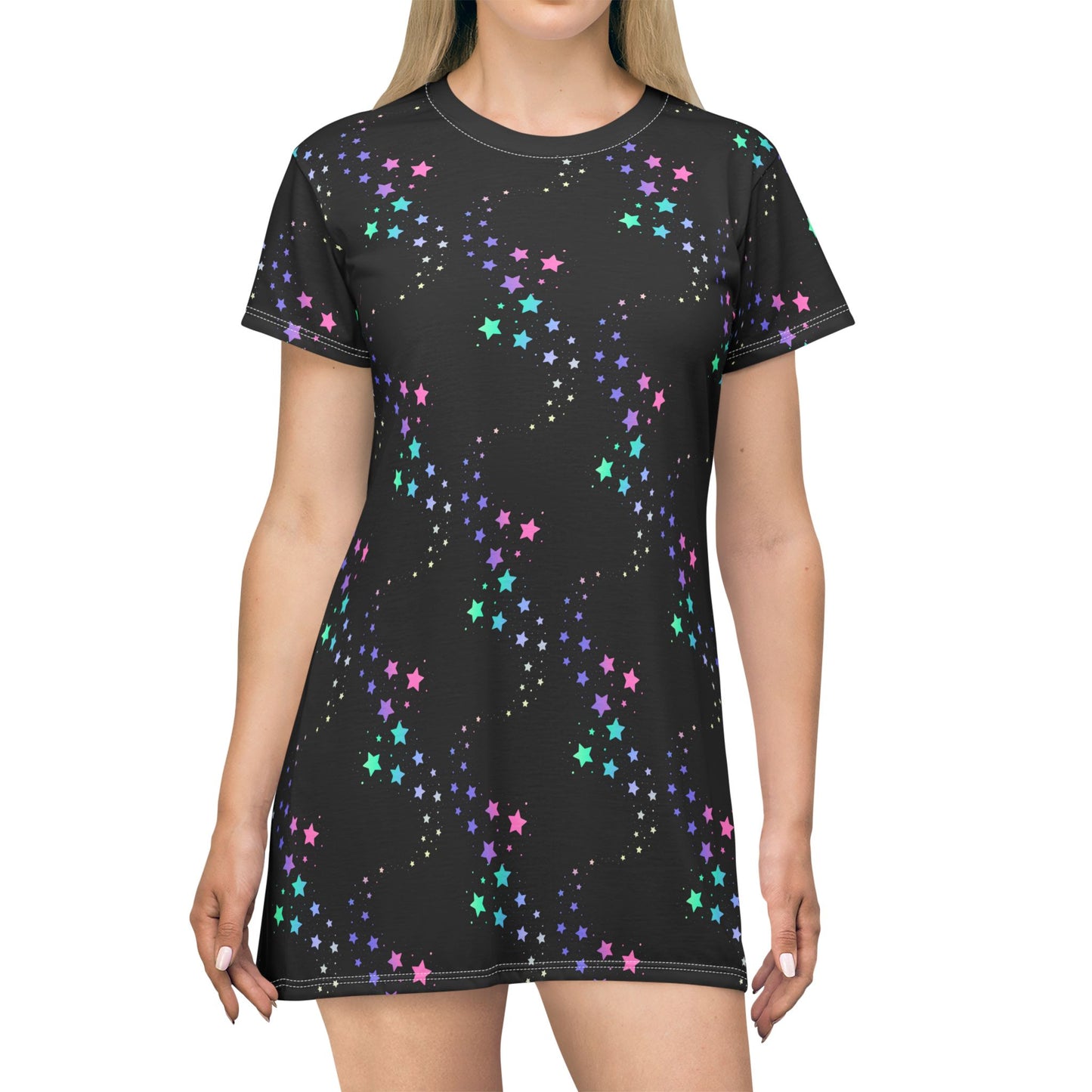 Celestial Pop Star T-Shirt Dress – Cosmic Starry Night Print by Druvs