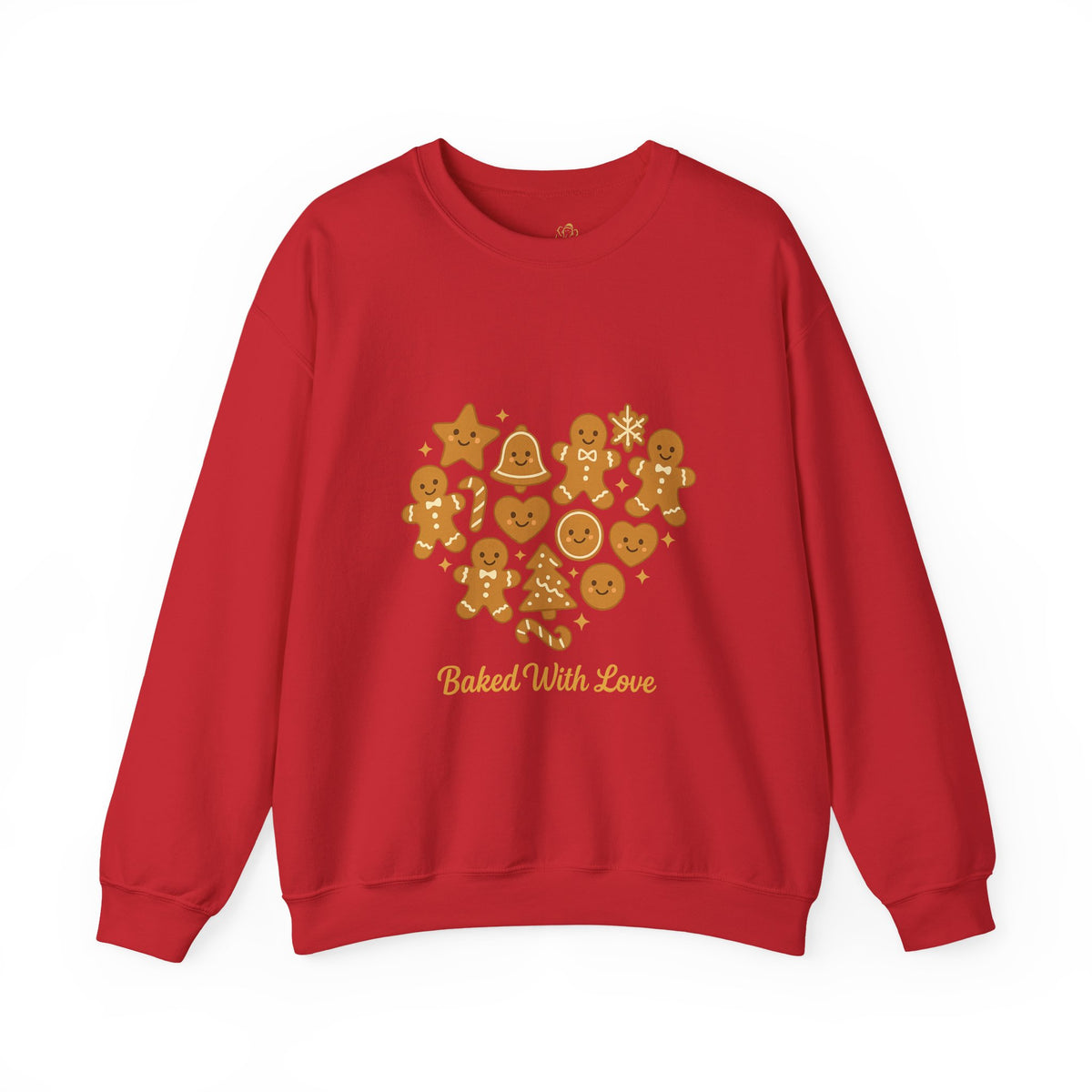 red crewneck sweatshirt with Baked With Love gingerbread heart design