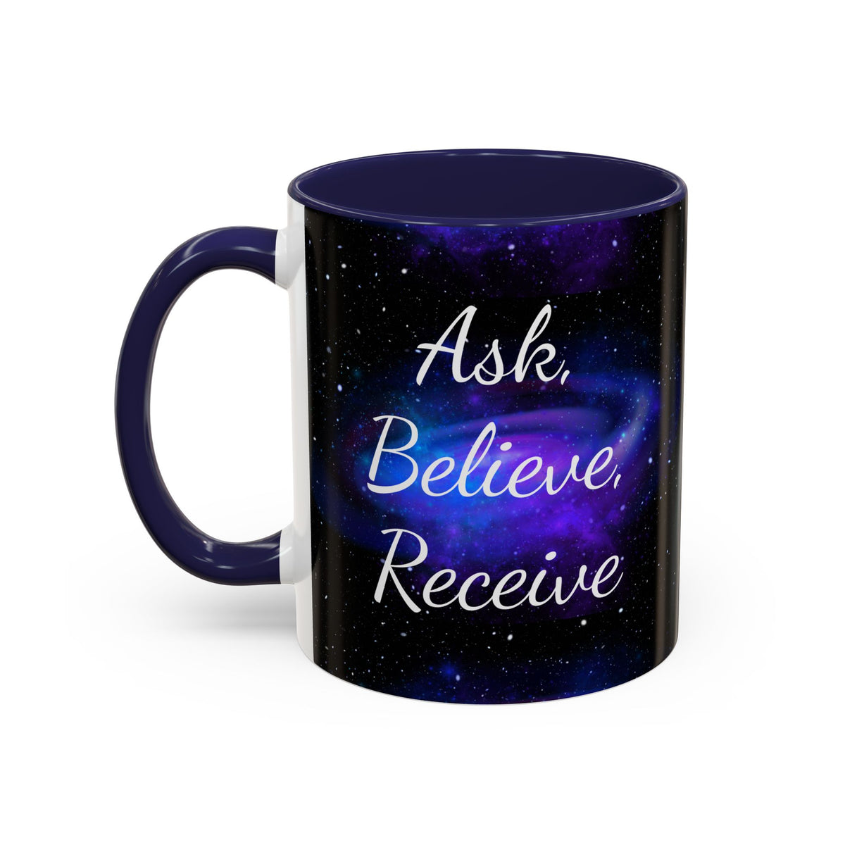 Ask Believe Receive two-tone manifestation mug with galaxy design by Druvs
