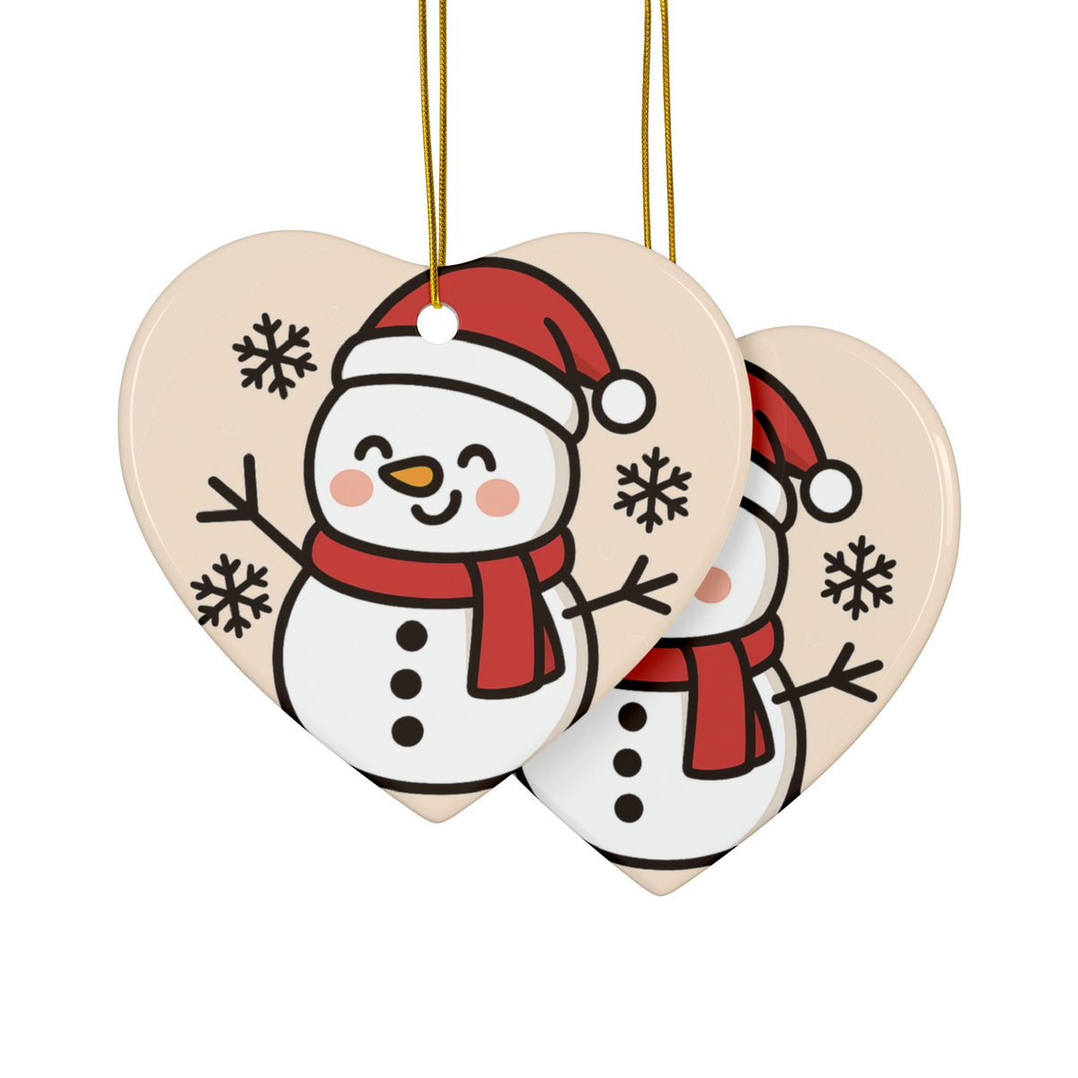 Front and back views of the heart smiling snowman Christmas ornament