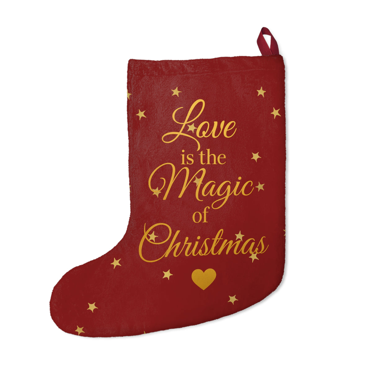 Reverse view of red Love Is the Magic of Christmas stocking