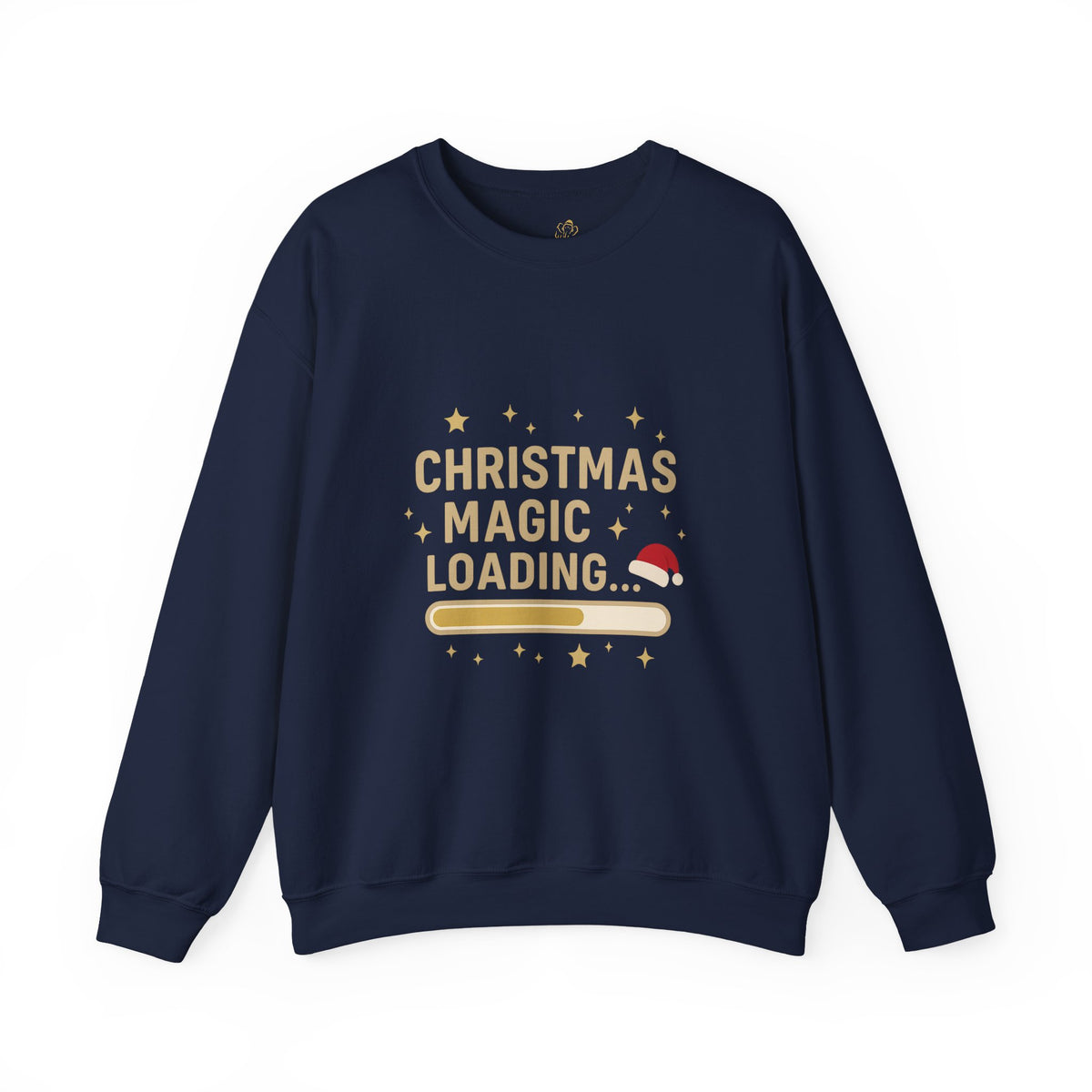 navy crewneck sweatshirt with Christmas Magic Loading Santa hat design