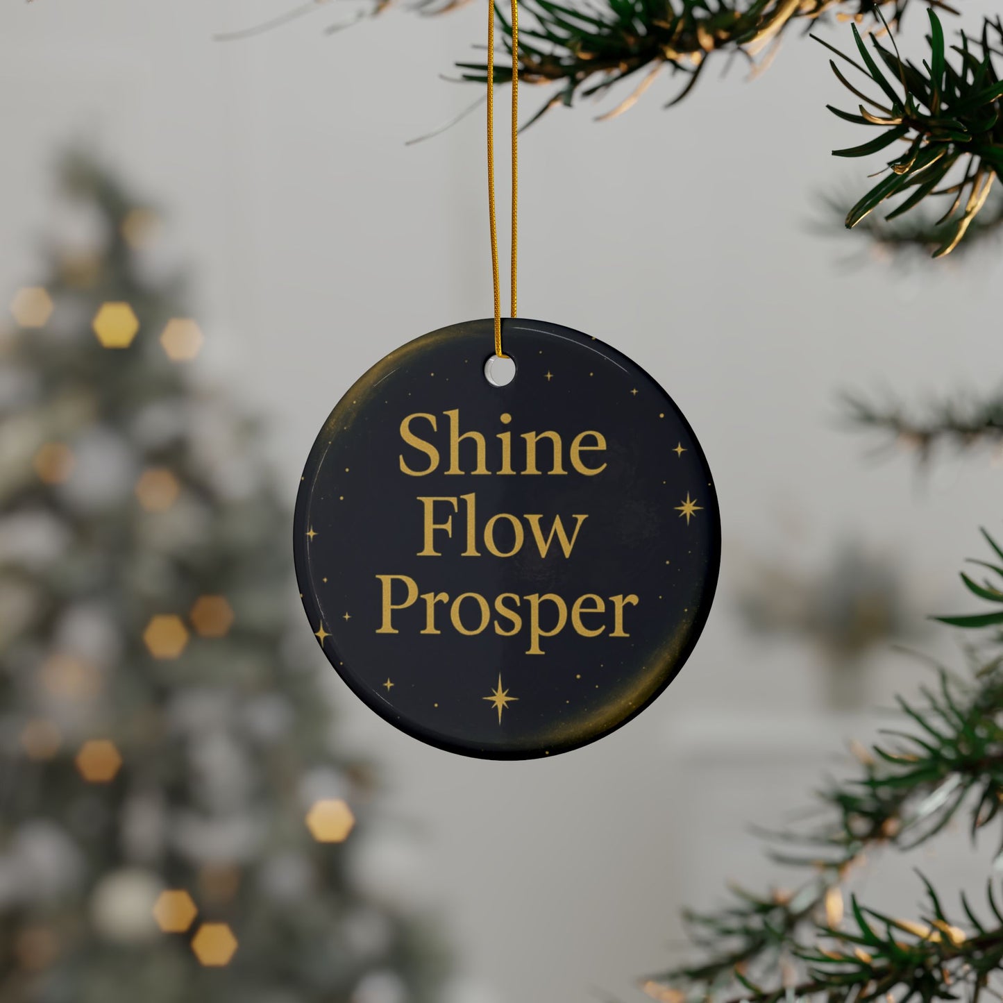 Shine • Flow • Prosper Cosmic Ornament – Navy & Gold Ceramic Holiday Decor