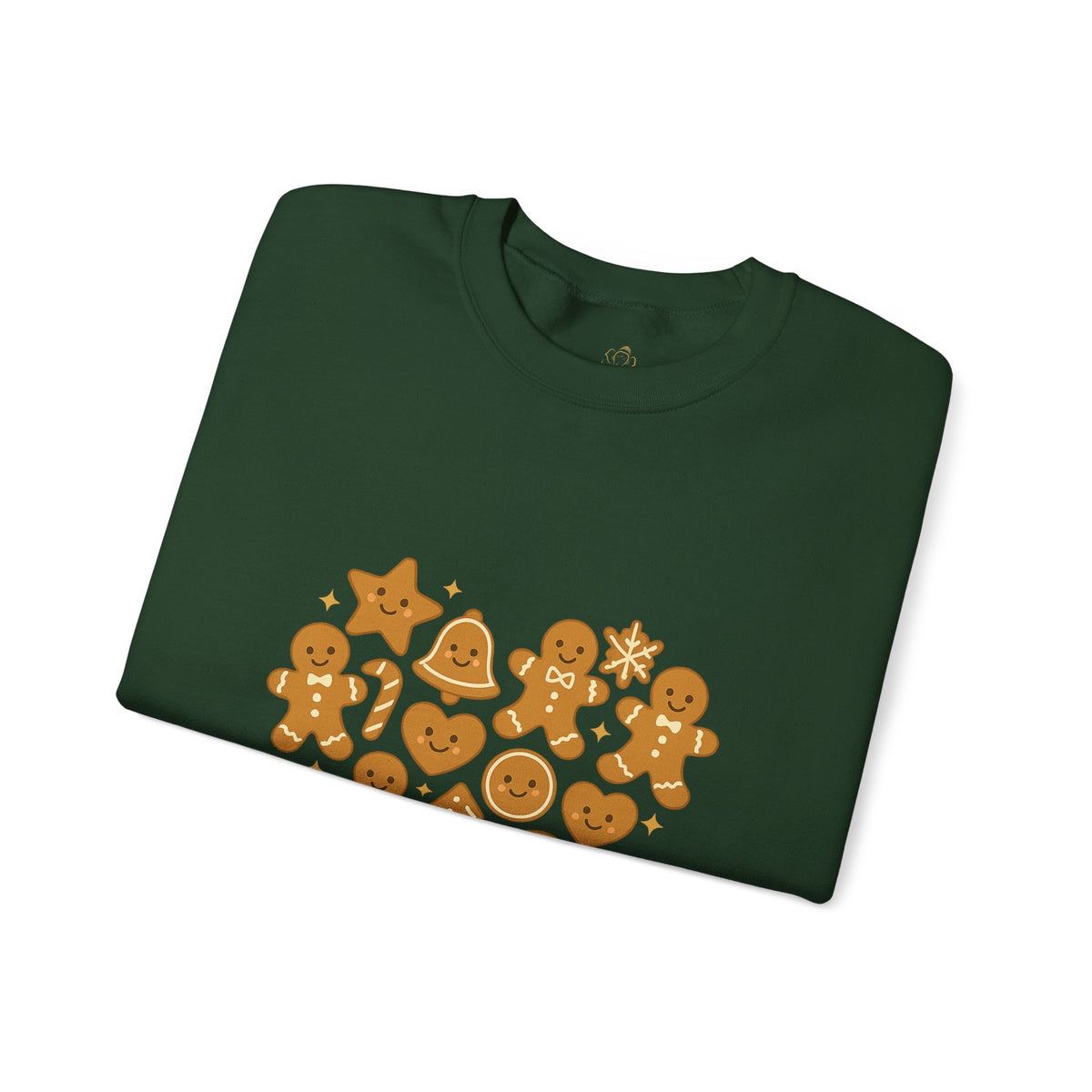 Folded forest green sweatshirt showing Baked With Love gingerbread heart print