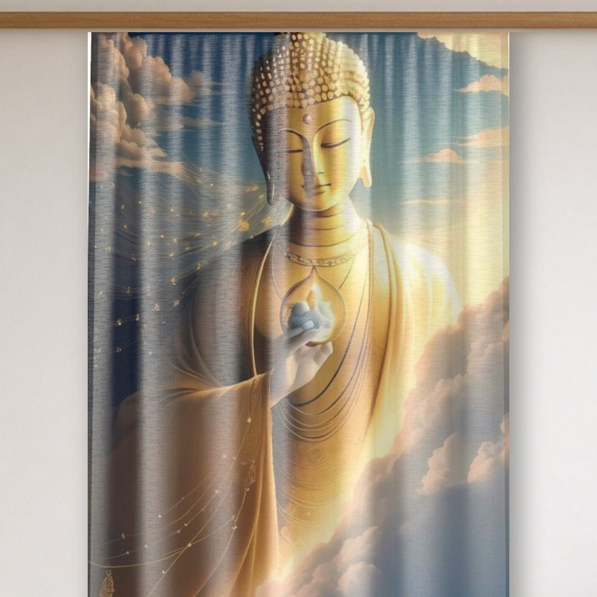 Buddha curtain close-up showing the design detail
