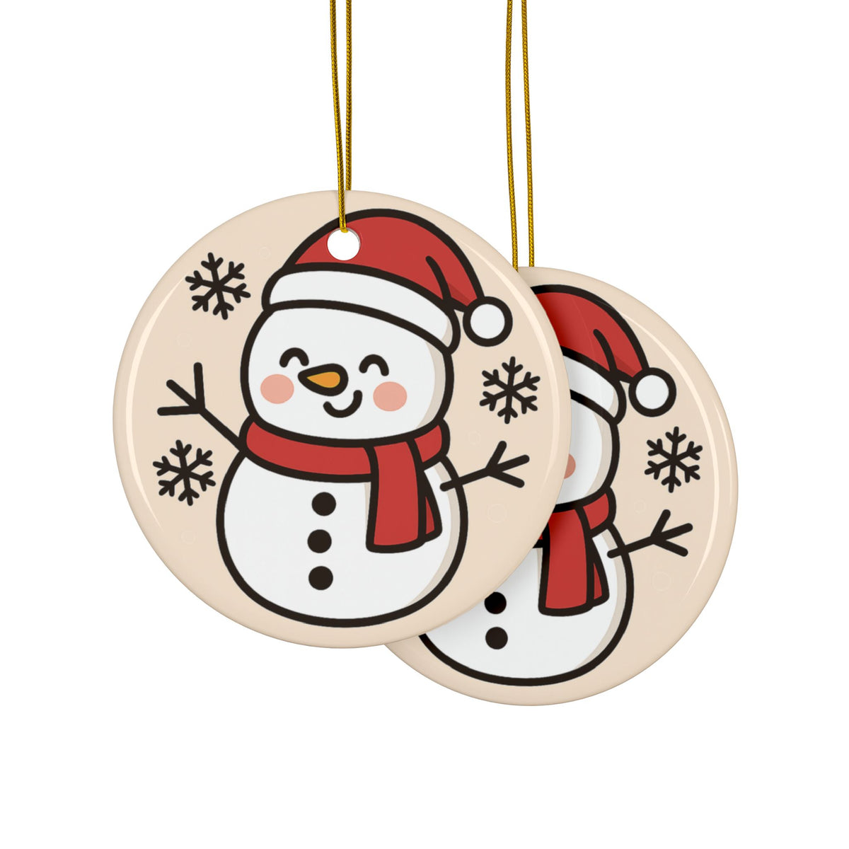Front and back views of the circle smiling snowman Christmas ornament