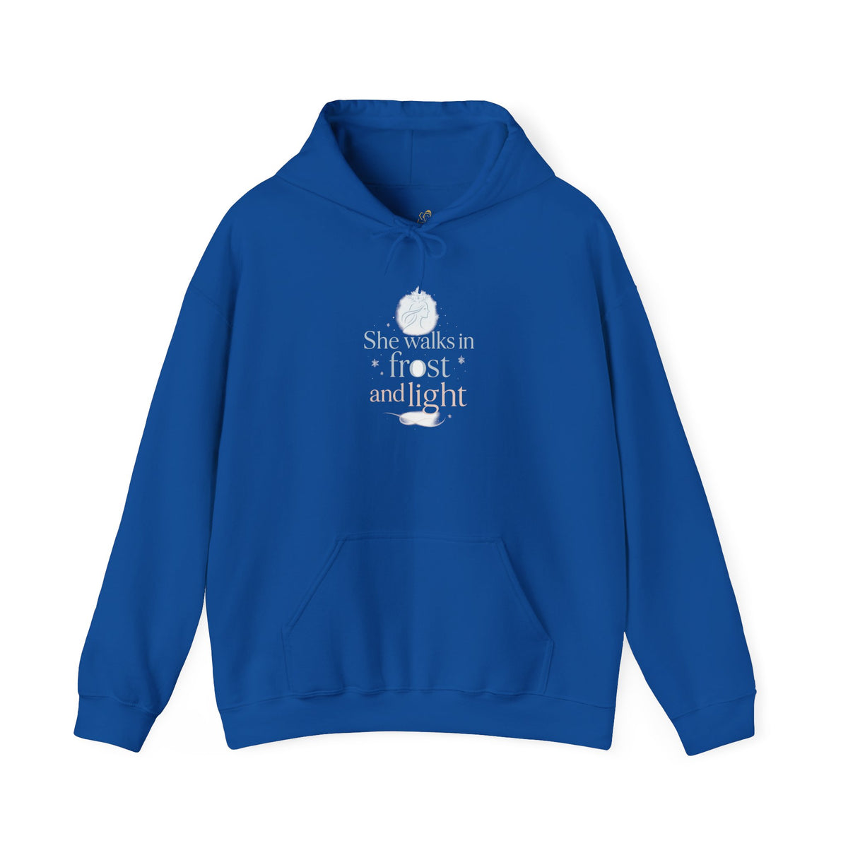 royal blue hoodie with She Walks in Frost and Light moon design on the front