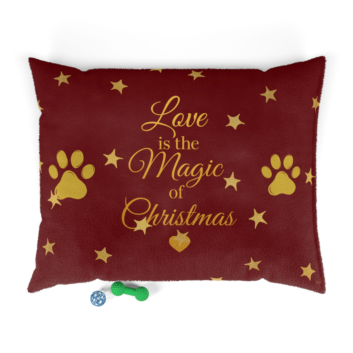 Christmas pet bed displayed with a small pet toy