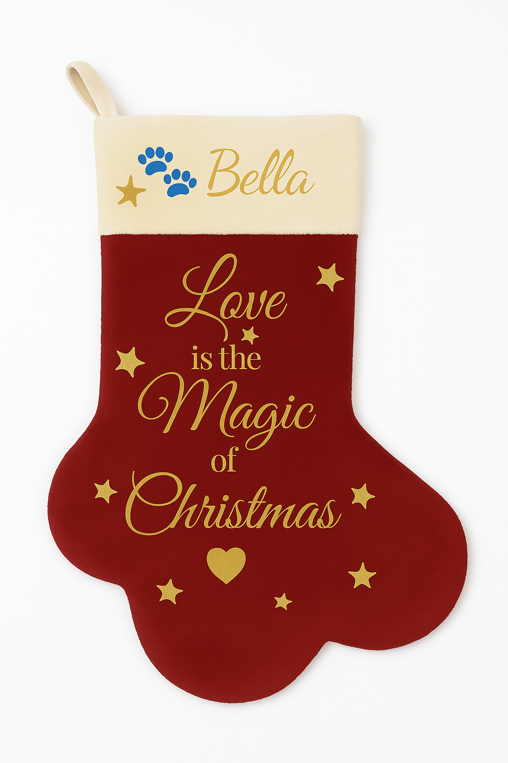 Paw-shaped red Christmas stocking with cream cuff and example Bella personalization