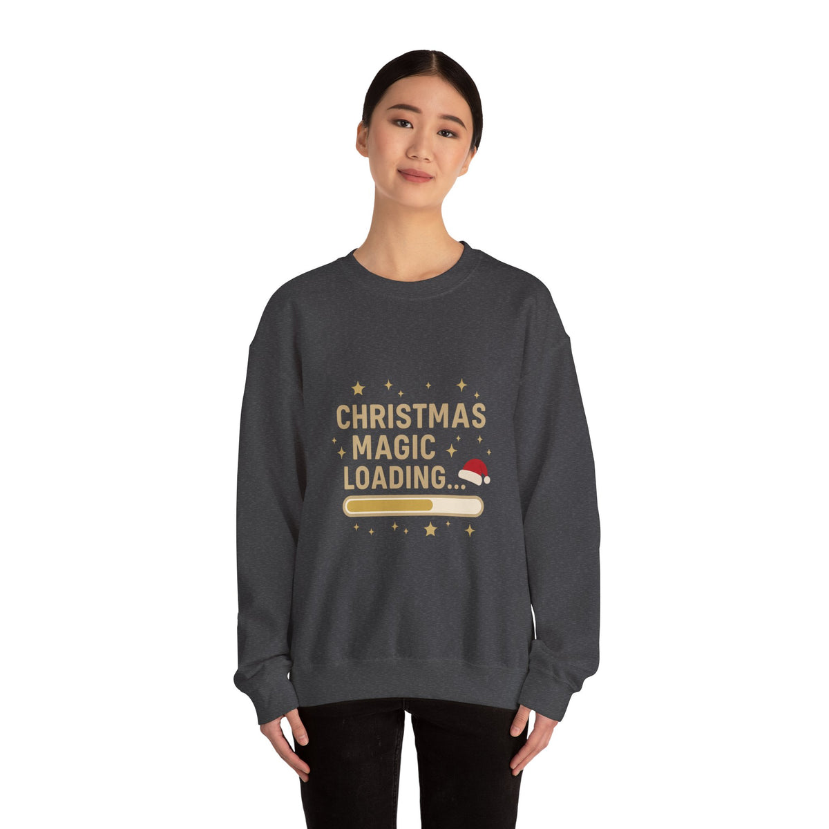 Model wearing a dark heather Christmas Magic Loading Santa hat sweatshirt