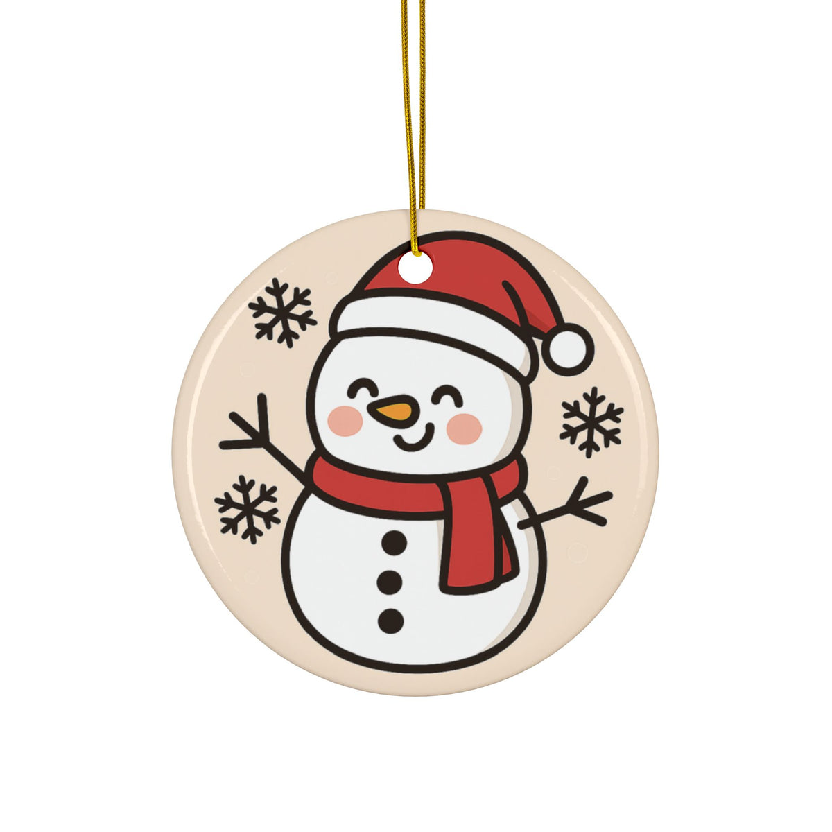 Circle-shaped ceramic Christmas ornament with smiling snowman, red hat and scarf