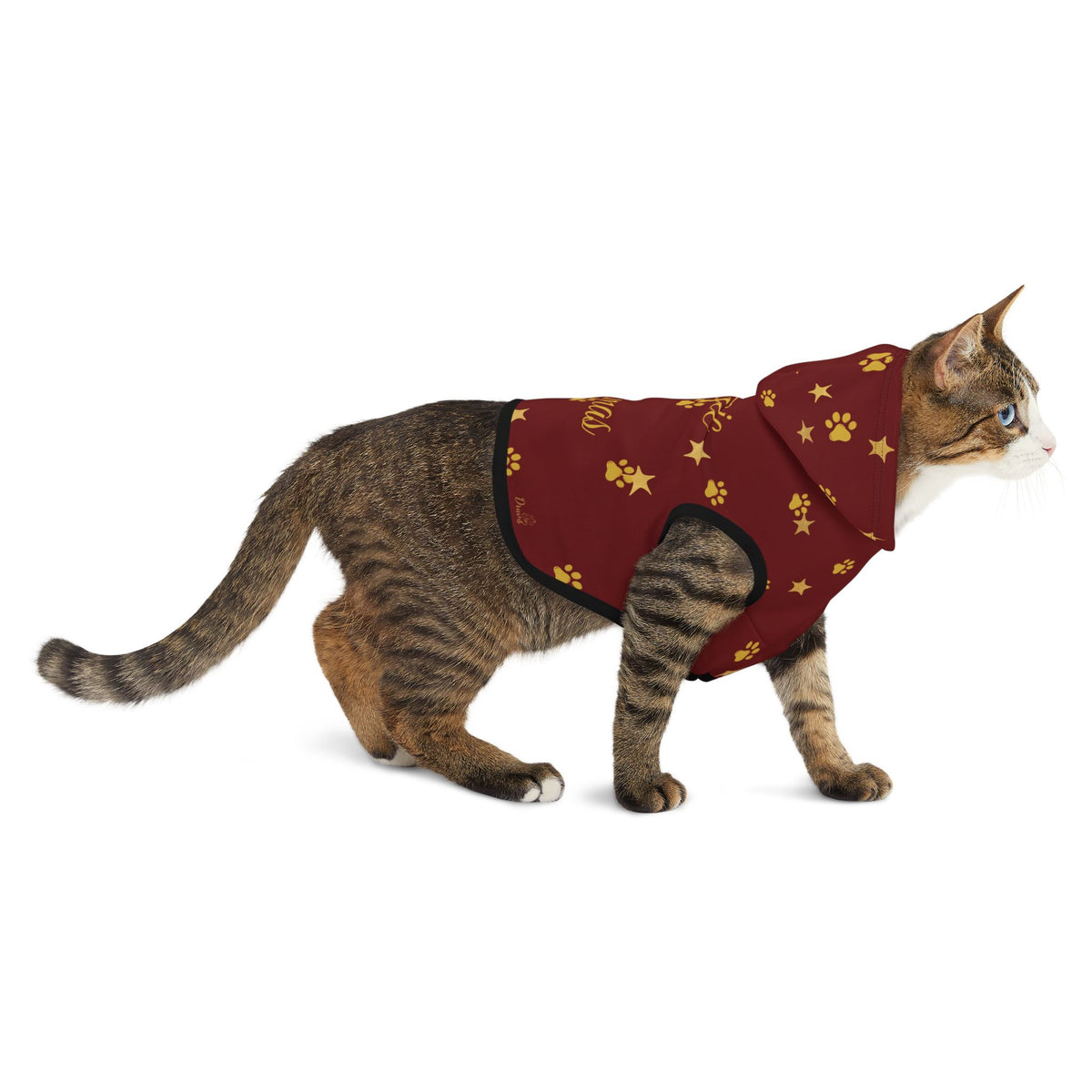 Cat walking in red paw-print Christmas pet hoodie