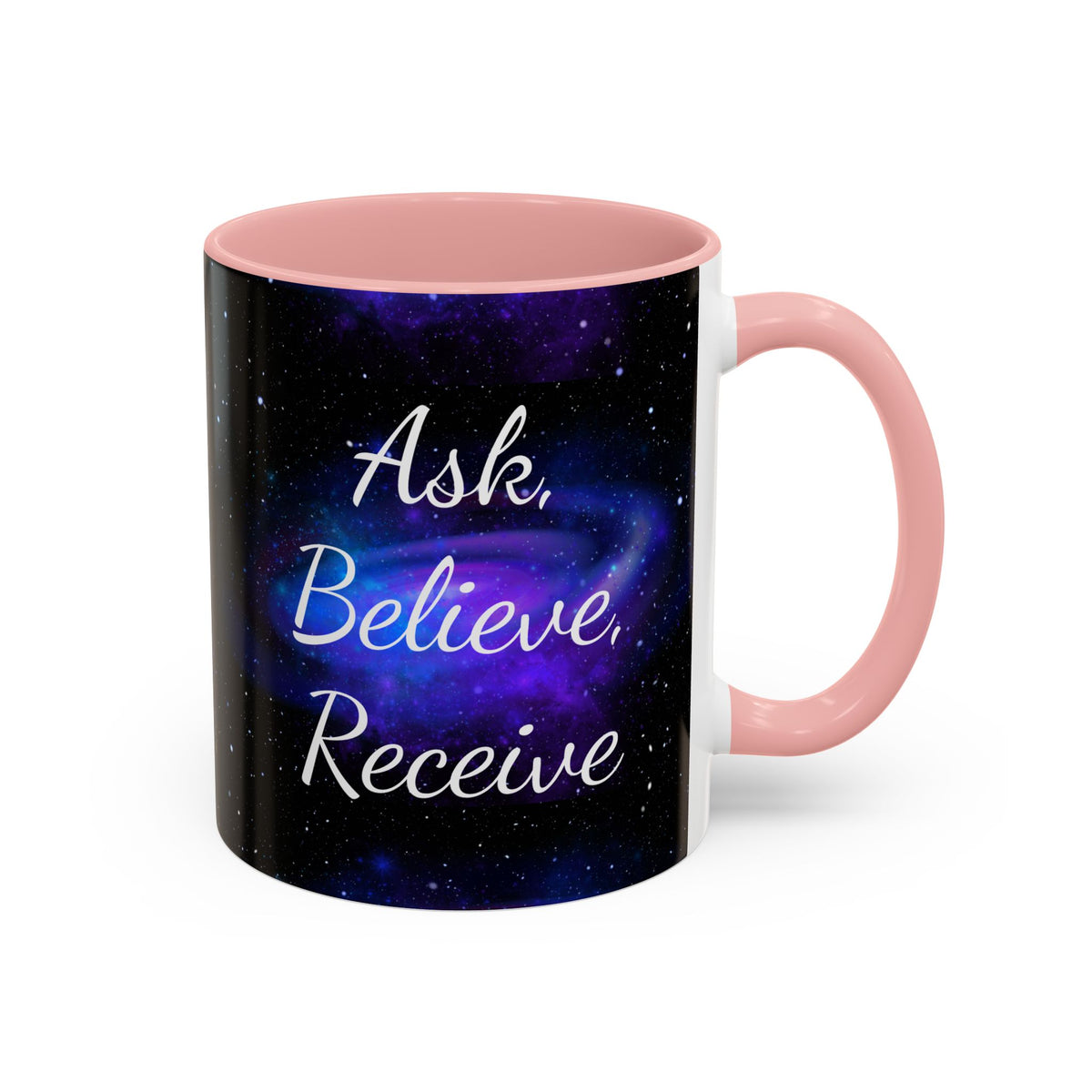 Ask Believe Receive two-tone manifestation mug with galaxy design by Druvs