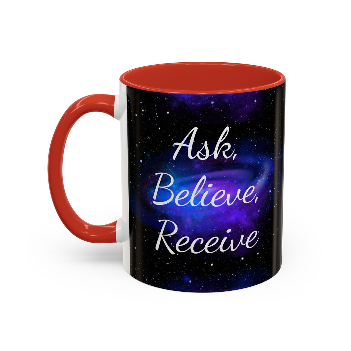 Ask Believe Receive two-tone manifestation mug with galaxy design by Druvs