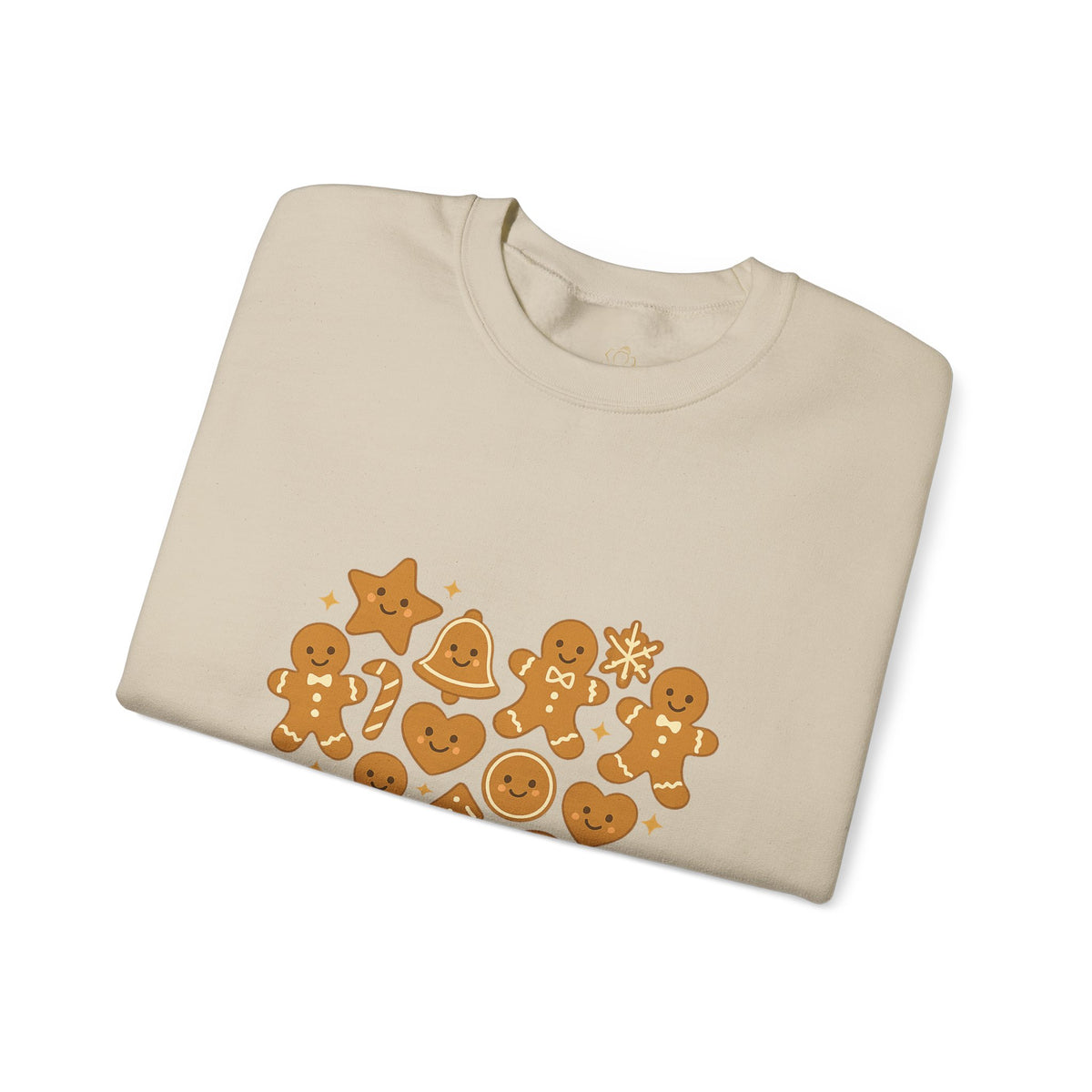 Folded sand sweatshirt showing Baked With Love gingerbread heart print