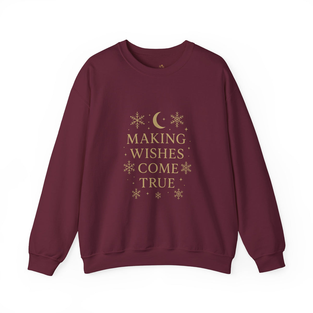 maroon crewneck sweatshirt with Making Wishes Come True moon and snowflake design