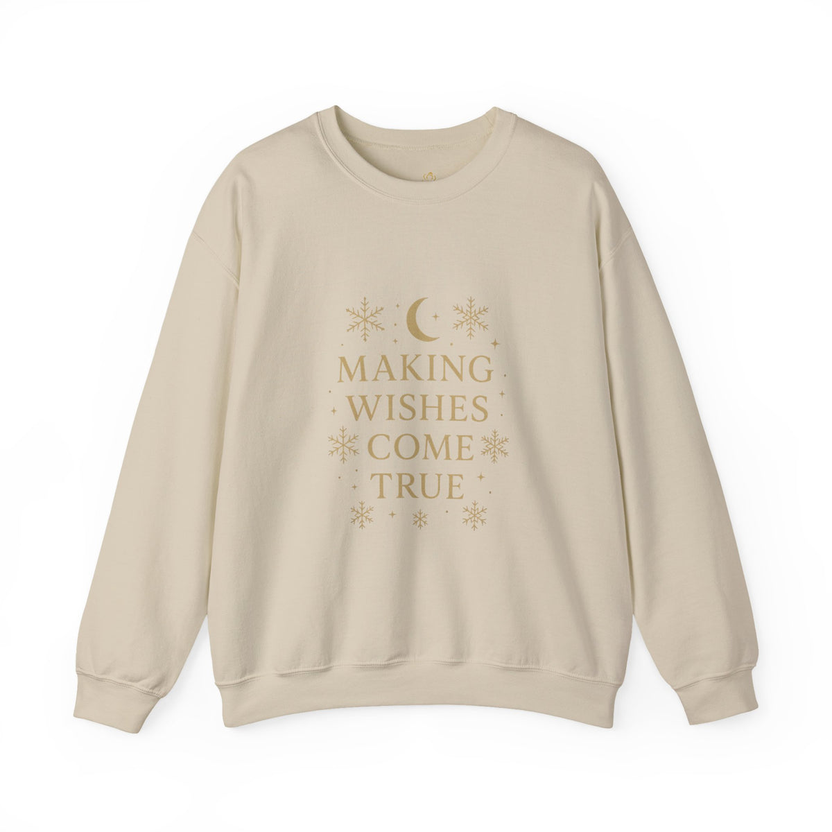 sand crewneck sweatshirt with Making Wishes Come True moon and snowflake design