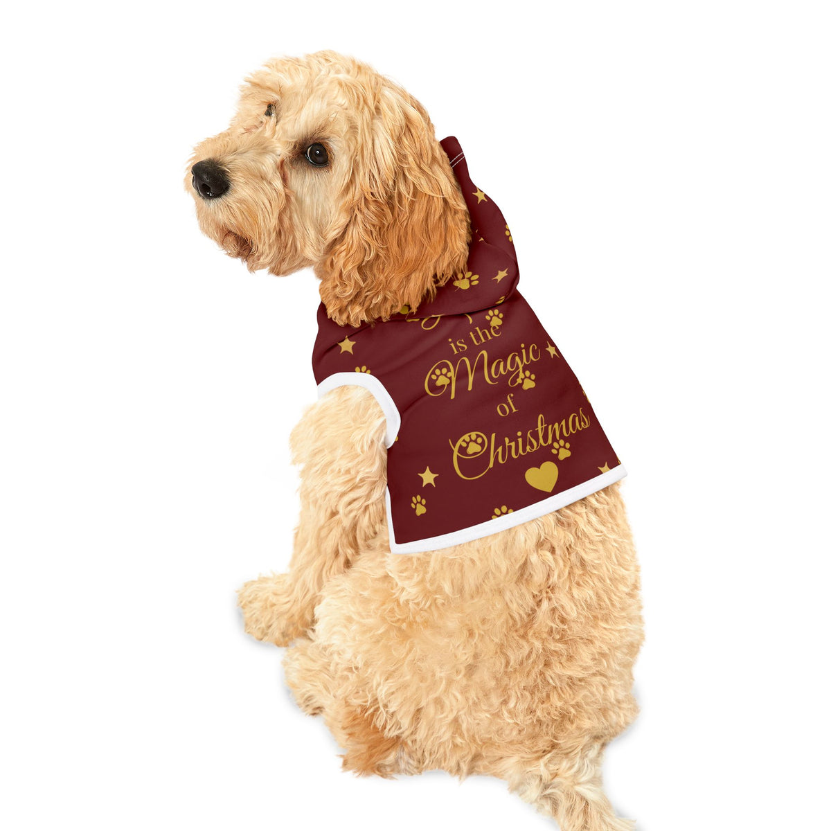 Side view of dog wearing Love Is the Magic of Christmas pet hoodie