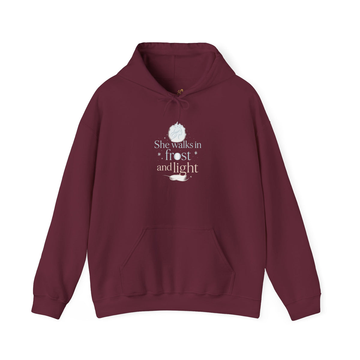 maroon hoodie with She Walks in Frost and Light moon design on the front
