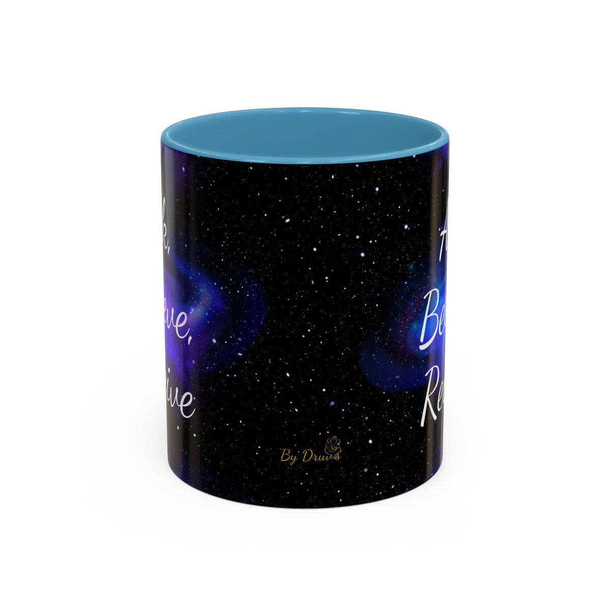 Ask Believe Receive two-tone manifestation mug with galaxy design by Druvs