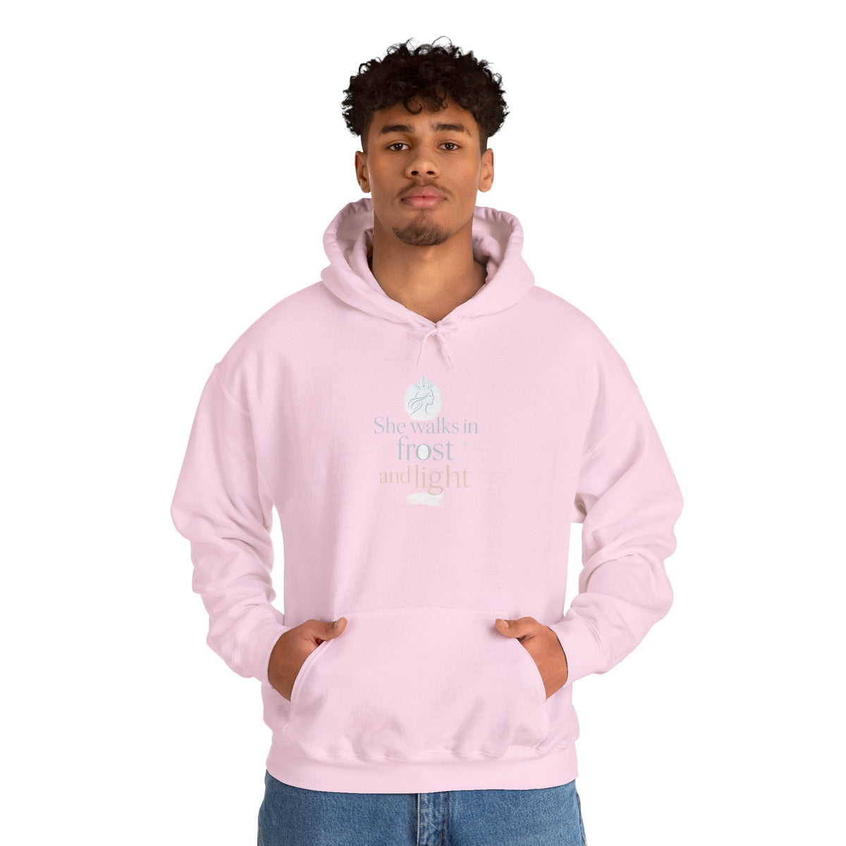 Model wearing a light pink She Walks in Frost and Light hoodie