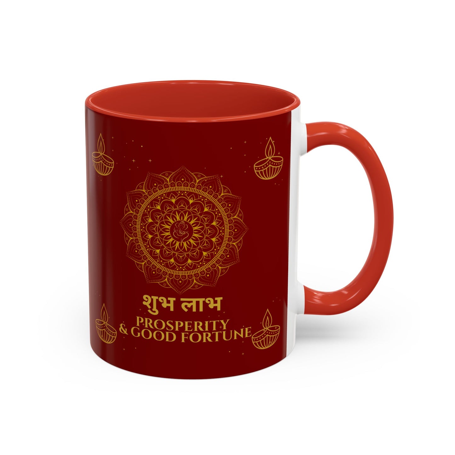 Shubh Labh Mug – Prosperity & Good Fortune Diwali Mug with Mandala & Diyas (Red & Gold)