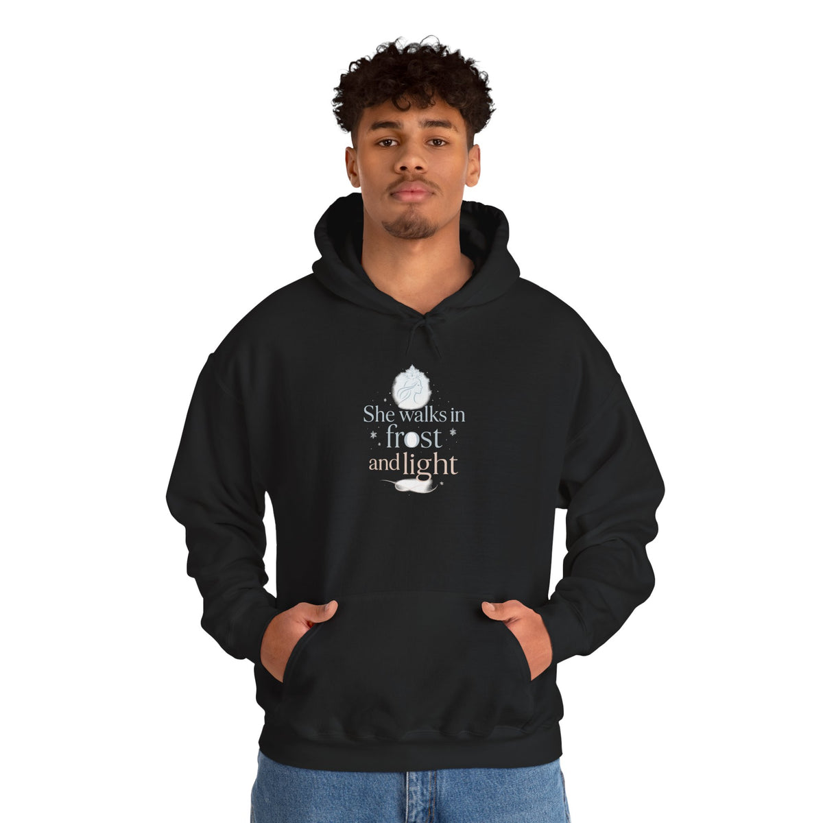 Model wearing a black She Walks in Frost and Light hoodie