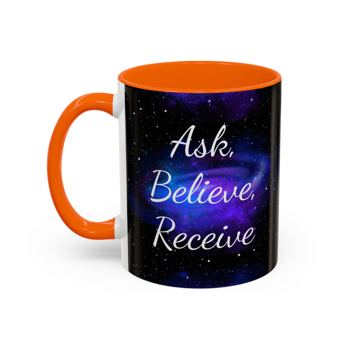 Ask Believe Receive two-tone manifestation mug with galaxy design by Druvs