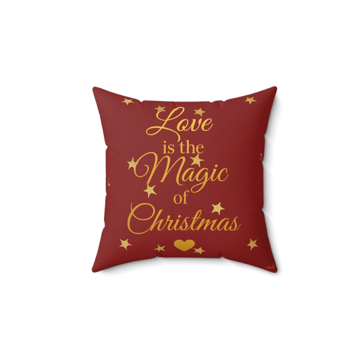 Red square cushion with gold "Love is the Magic of Christmas" script and stars
