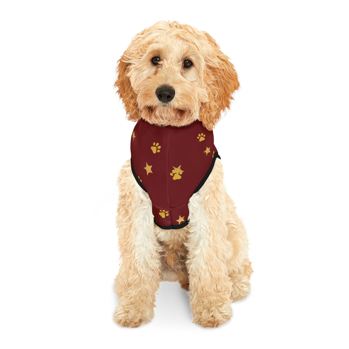 Dog wearing red Christmas pet hoodie with black trim