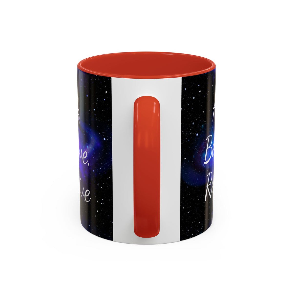 Ask Believe Receive two-tone manifestation mug with galaxy design by Druvs