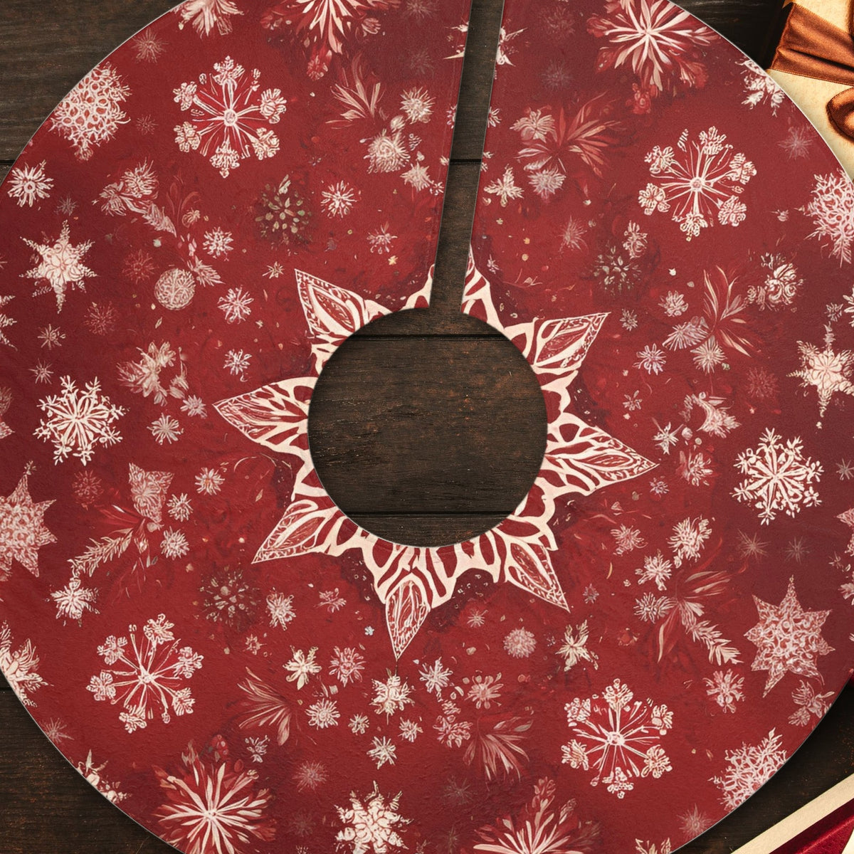 Close-up of the Red Snowflake Christmas tree skirt design