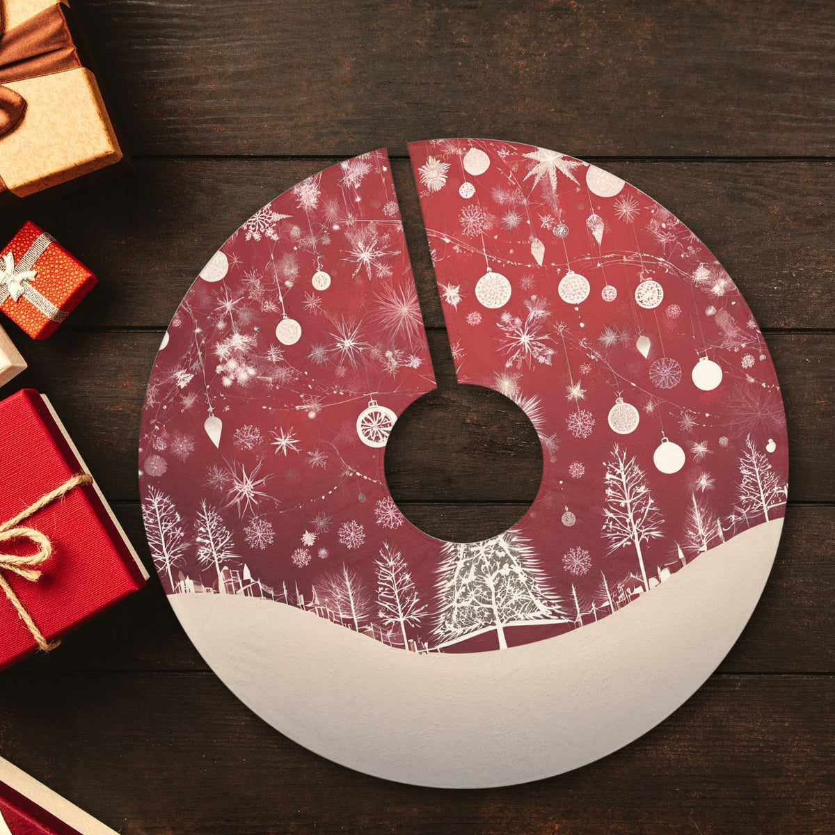 Red Christmas Village Christmas tree skirt laid flat with wrapped presents