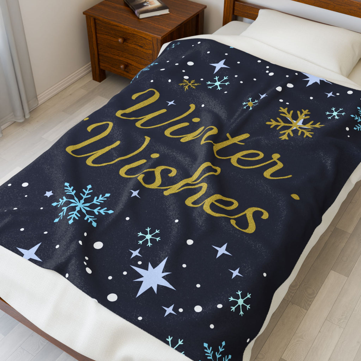 Winter Wishes Sherpa Throw Blanket – Navy & Gold – product photo 5 of 24