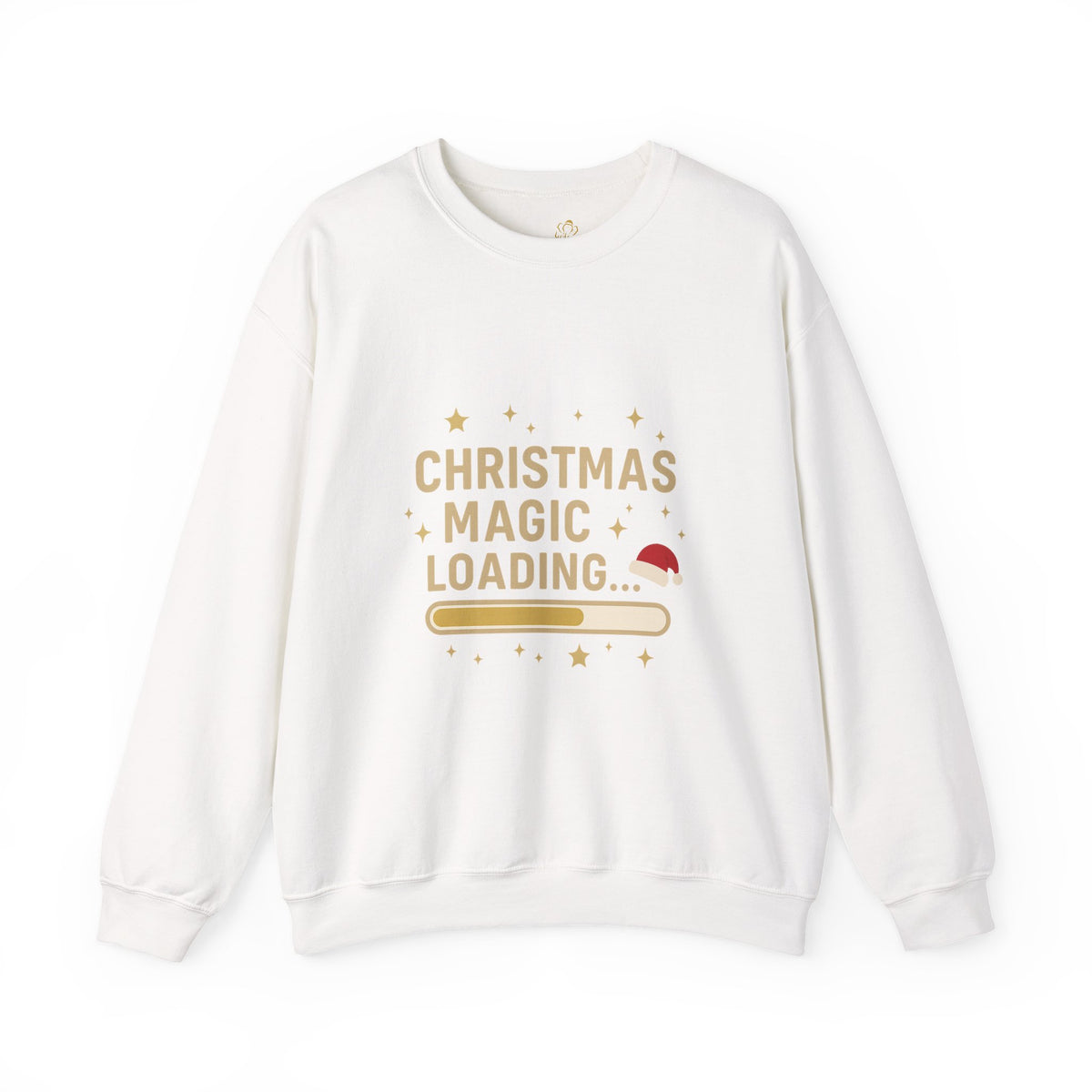 white crewneck sweatshirt with Christmas Magic Loading Santa hat design